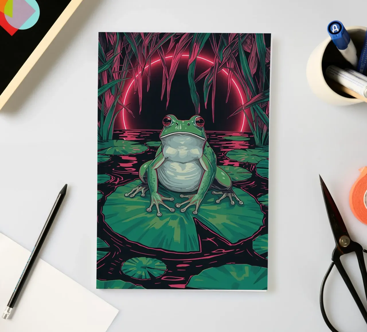 Frog on Lily Pad with Neon Circle Background notebook by DesignDoodle