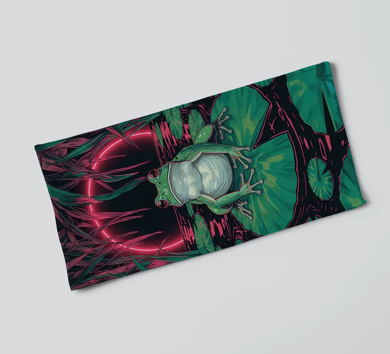 Frog on Lily Pad with Neon Circle Background towel by DesignDoodle