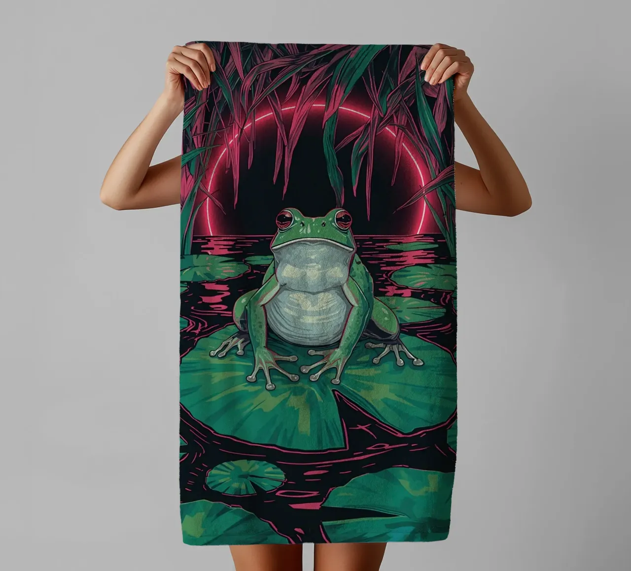 Frog on Lily Pad with Neon Circle Background towel by DesignDoodle