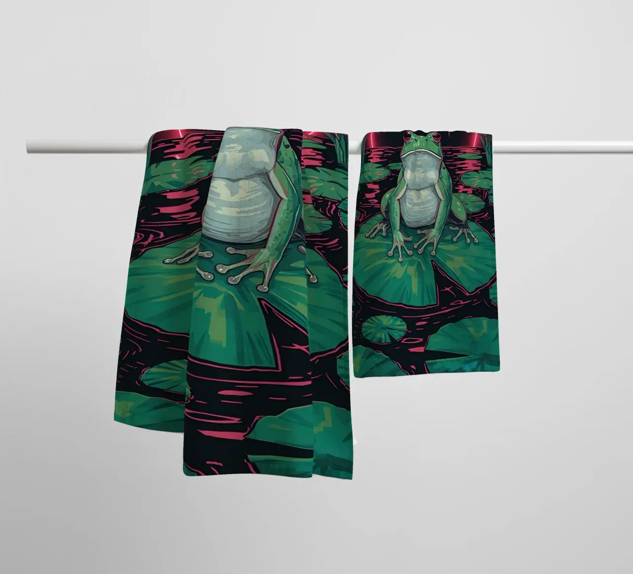 Frog on Lily Pad with Neon Circle Background towel by DesignDoodle