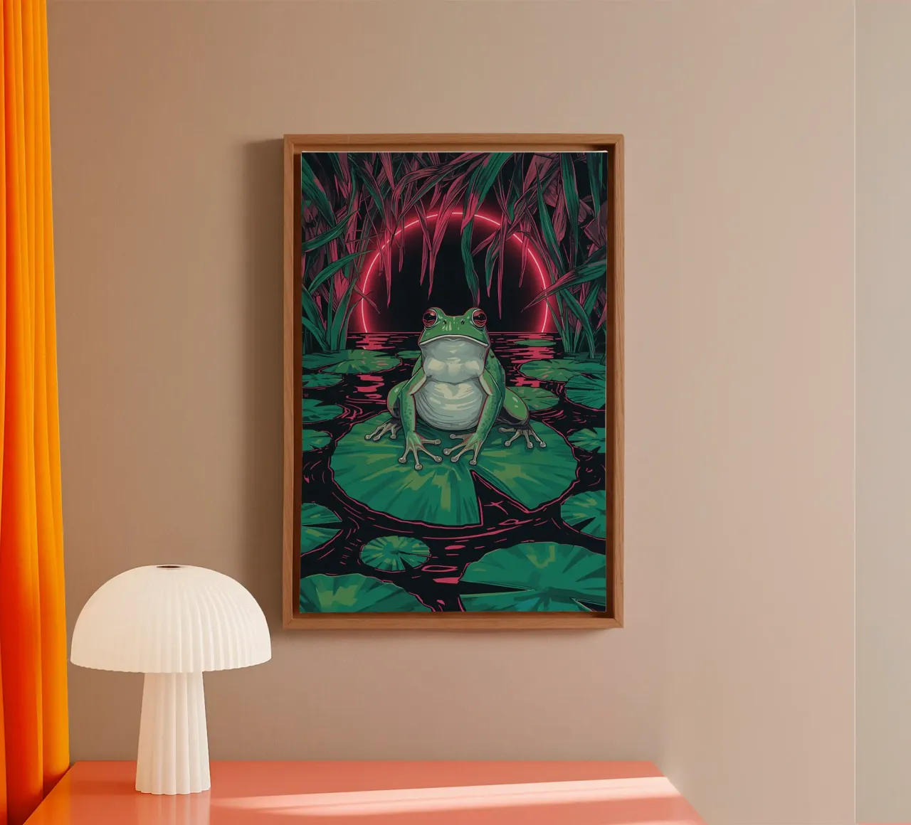 Rana su ninfea con sfondo a cerchi neon tela con Cornice a cassetta da DesignDoodle