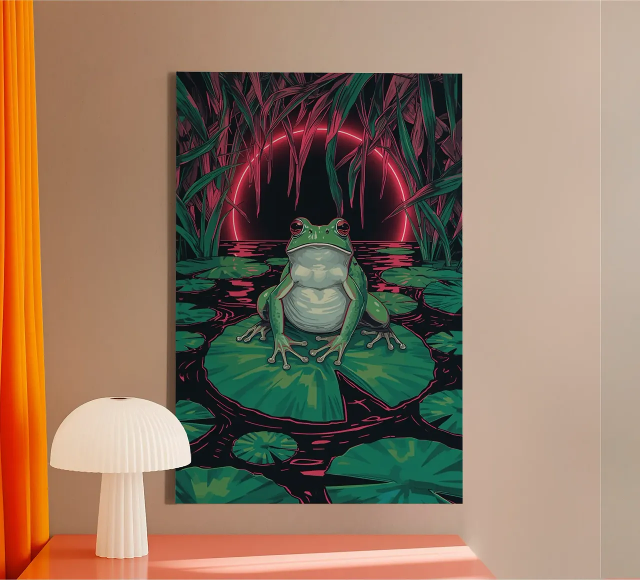 Rana su ninfea con sfondo a cerchi neon tela con Cornice a cassetta da DesignDoodle