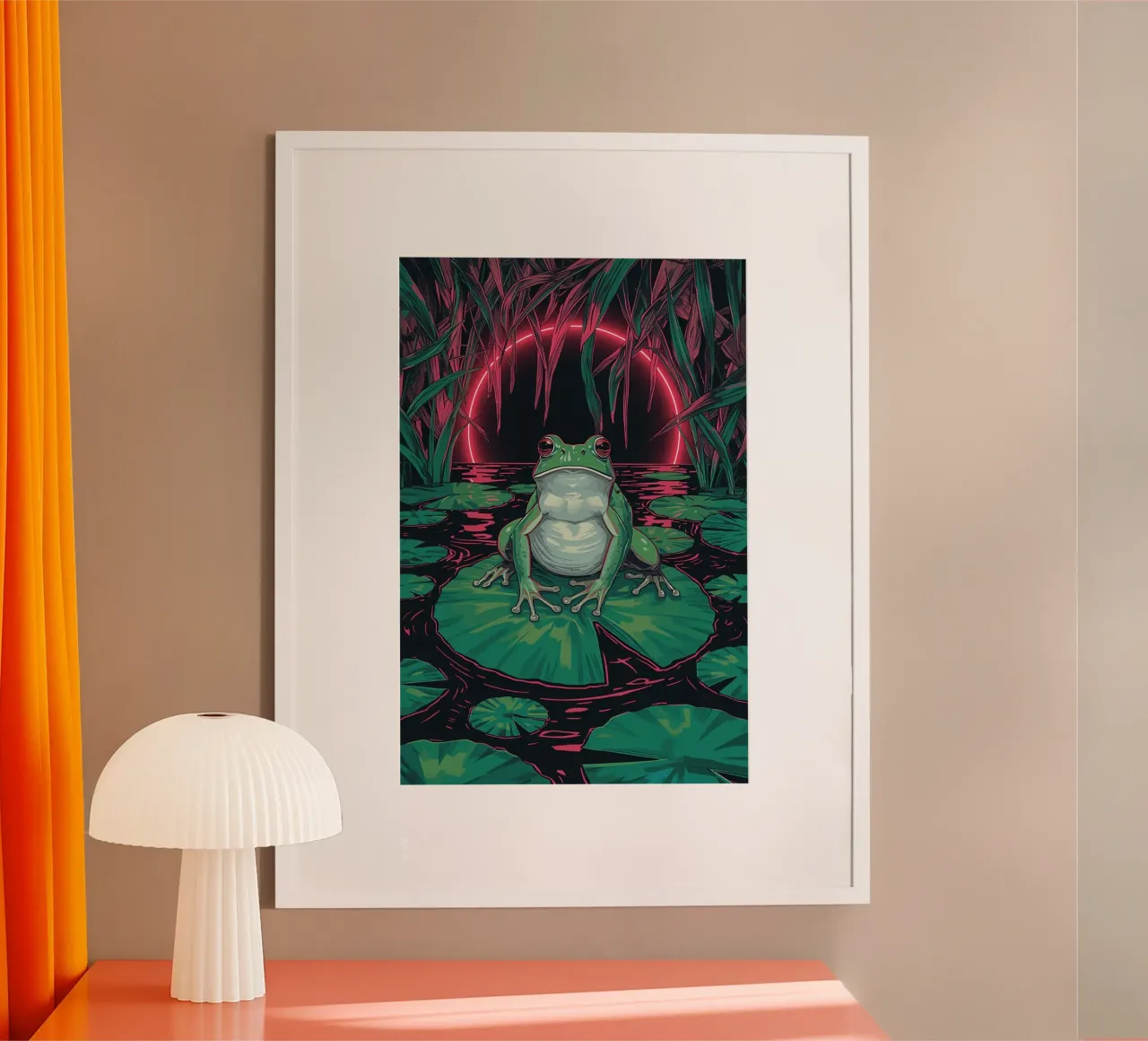 Rana su ninfea con sfondo a cerchi neon poster da DesignDoodle