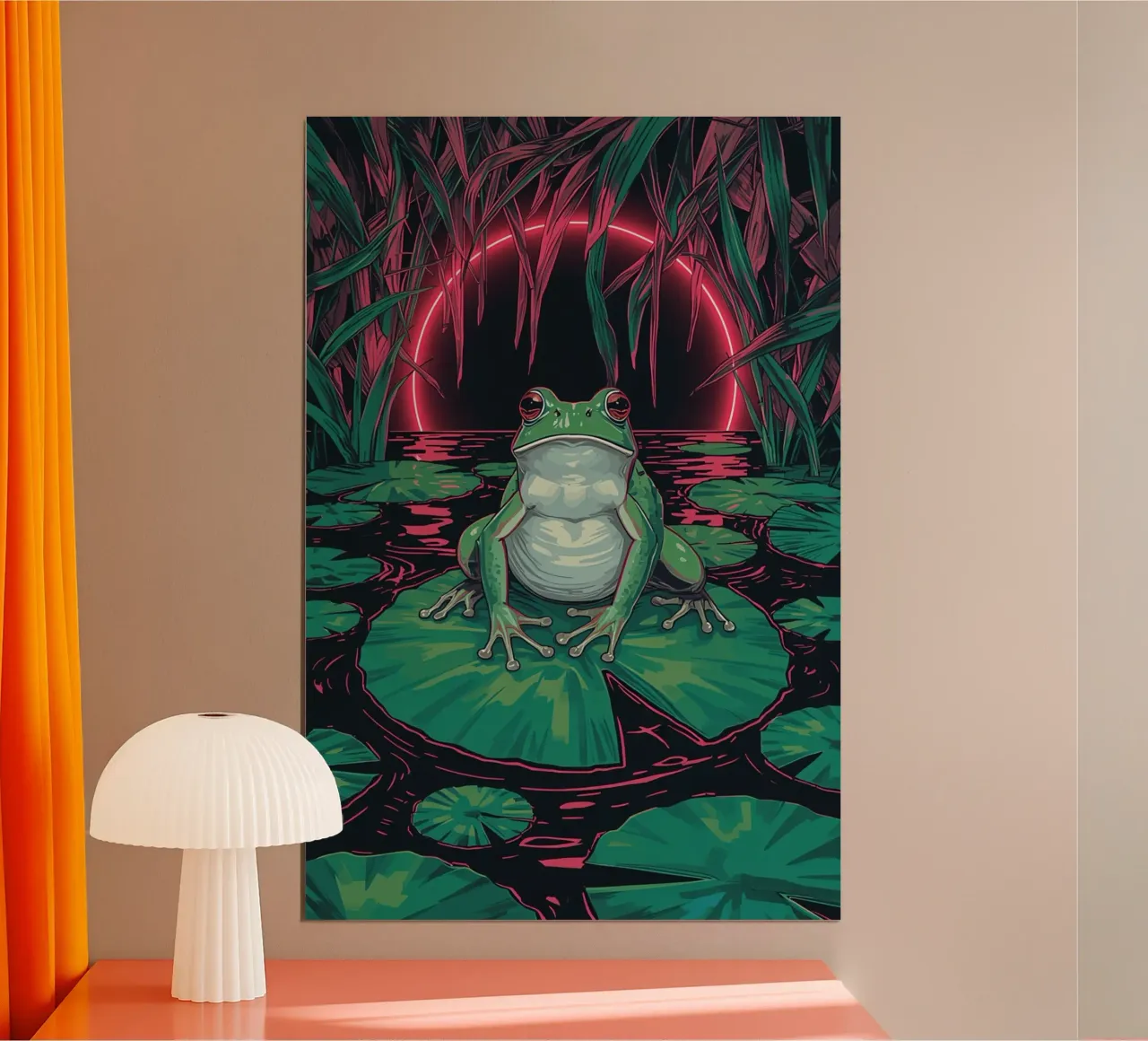 Rana su ninfea con sfondo a cerchi neon poster da DesignDoodle