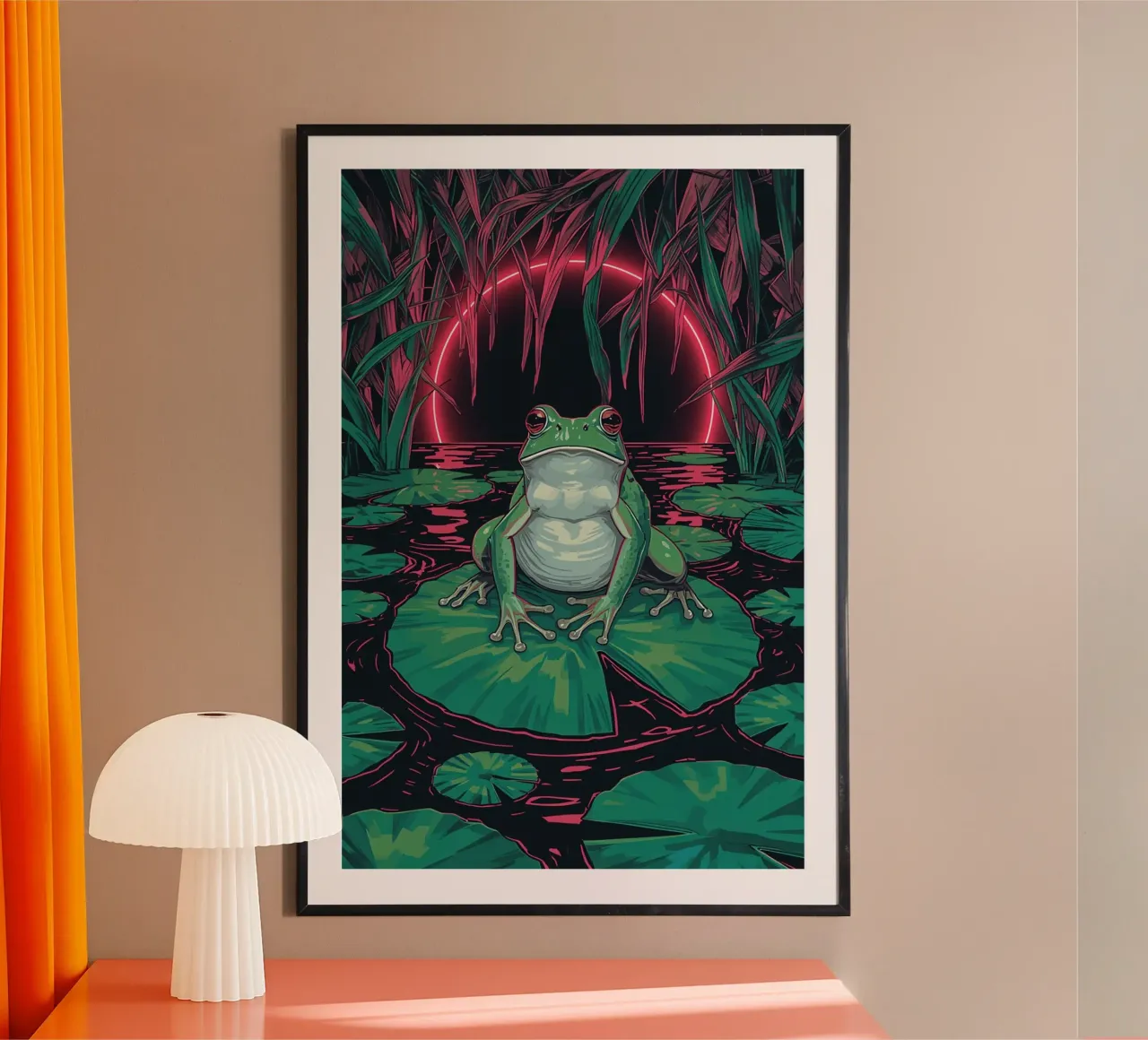 Rana su ninfea con sfondo a cerchi neon poster da DesignDoodle