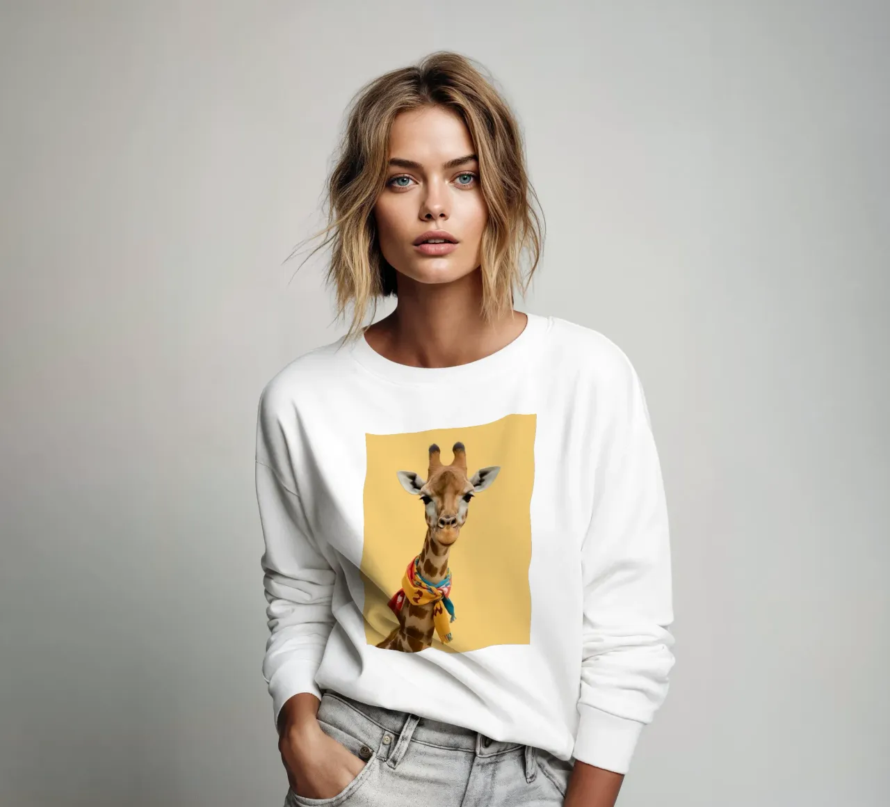 Testa e collo di giraffa con sciarpa su sfondo giallo felpa da DesignDoodle