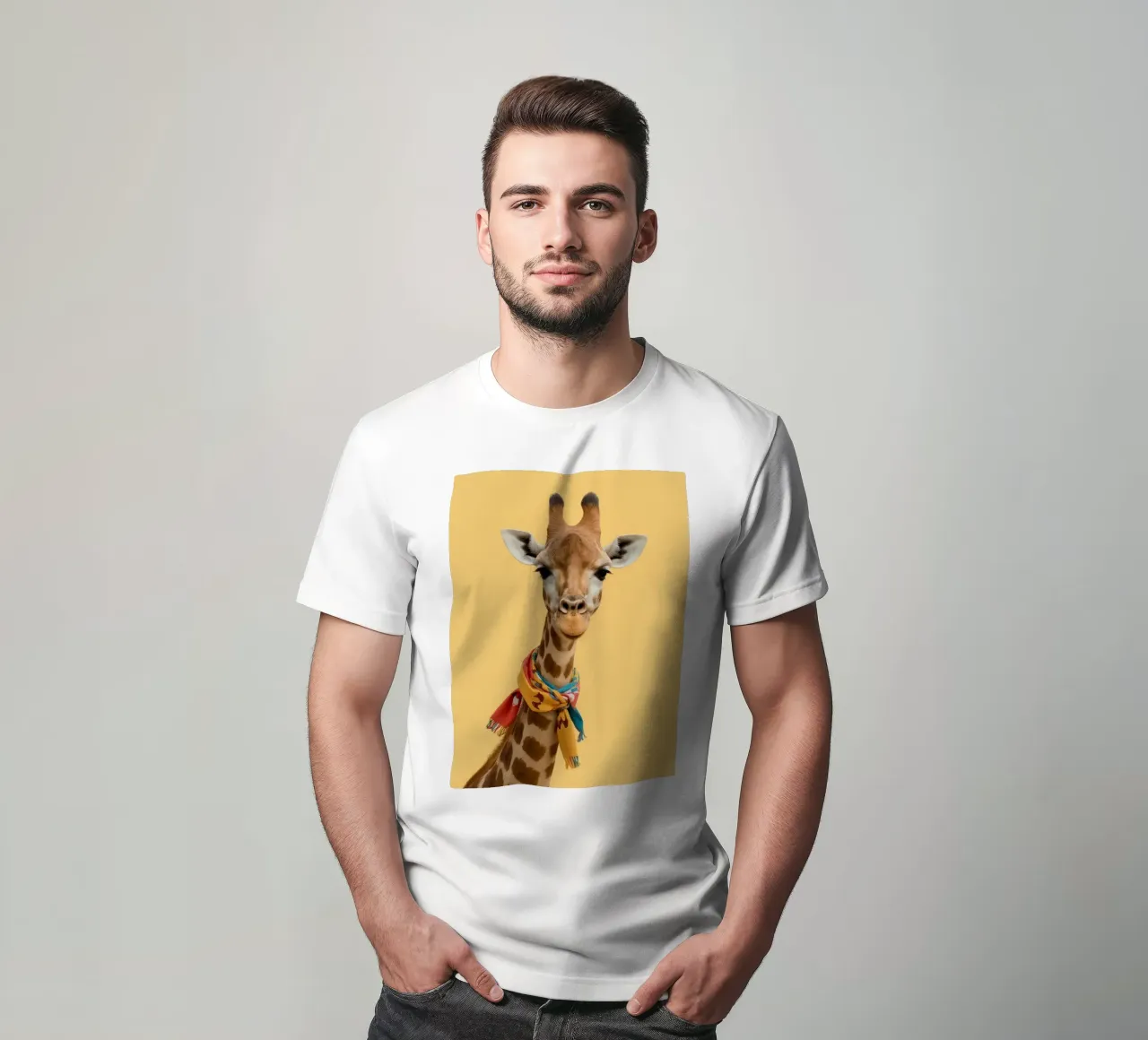 Testa e collo di giraffa con sciarpa su sfondo giallo t-shirt da DesignDoodle