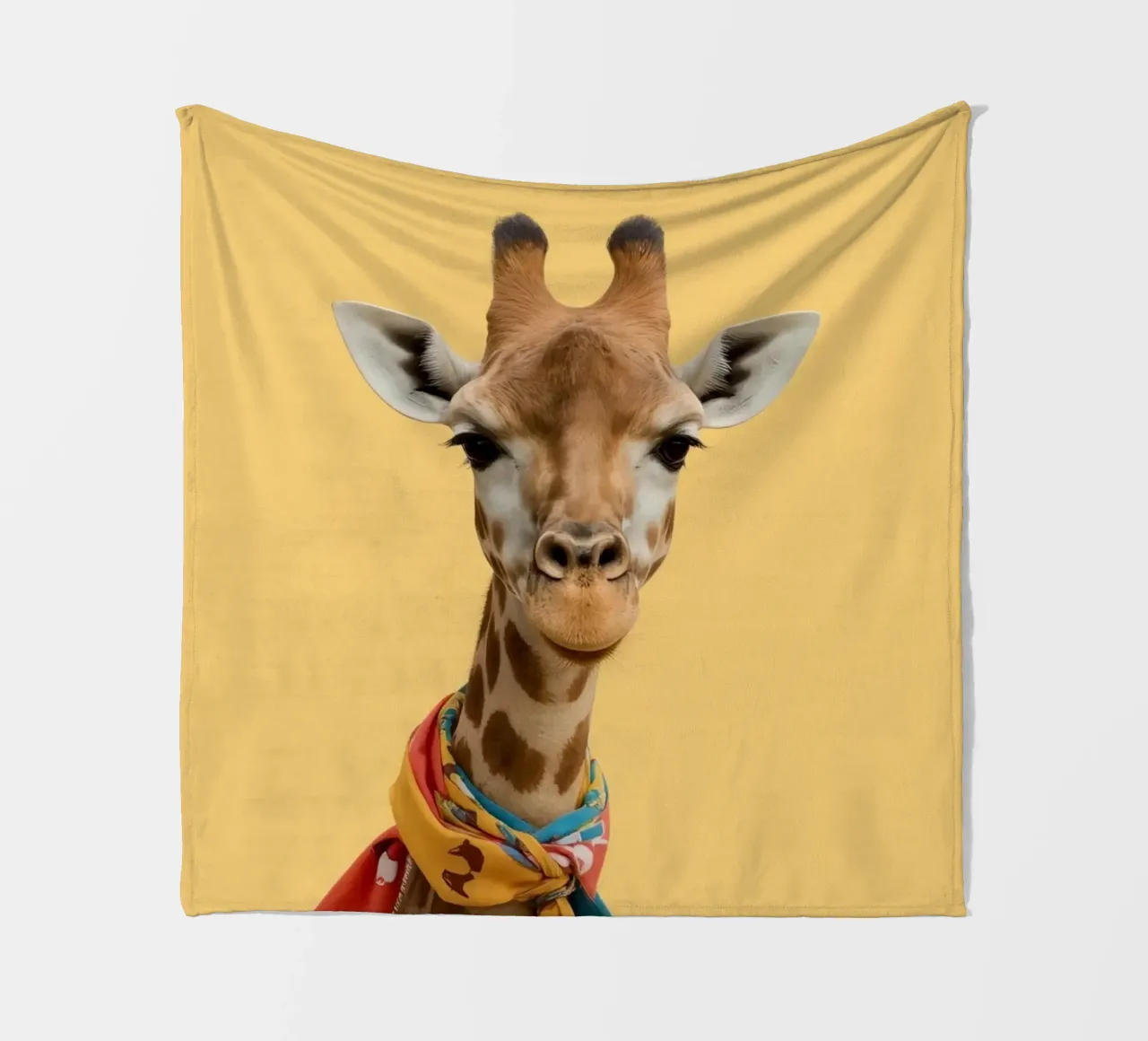 Testa e collo di giraffa con sciarpa su sfondo giallo coperta in pile da DesignDoodle