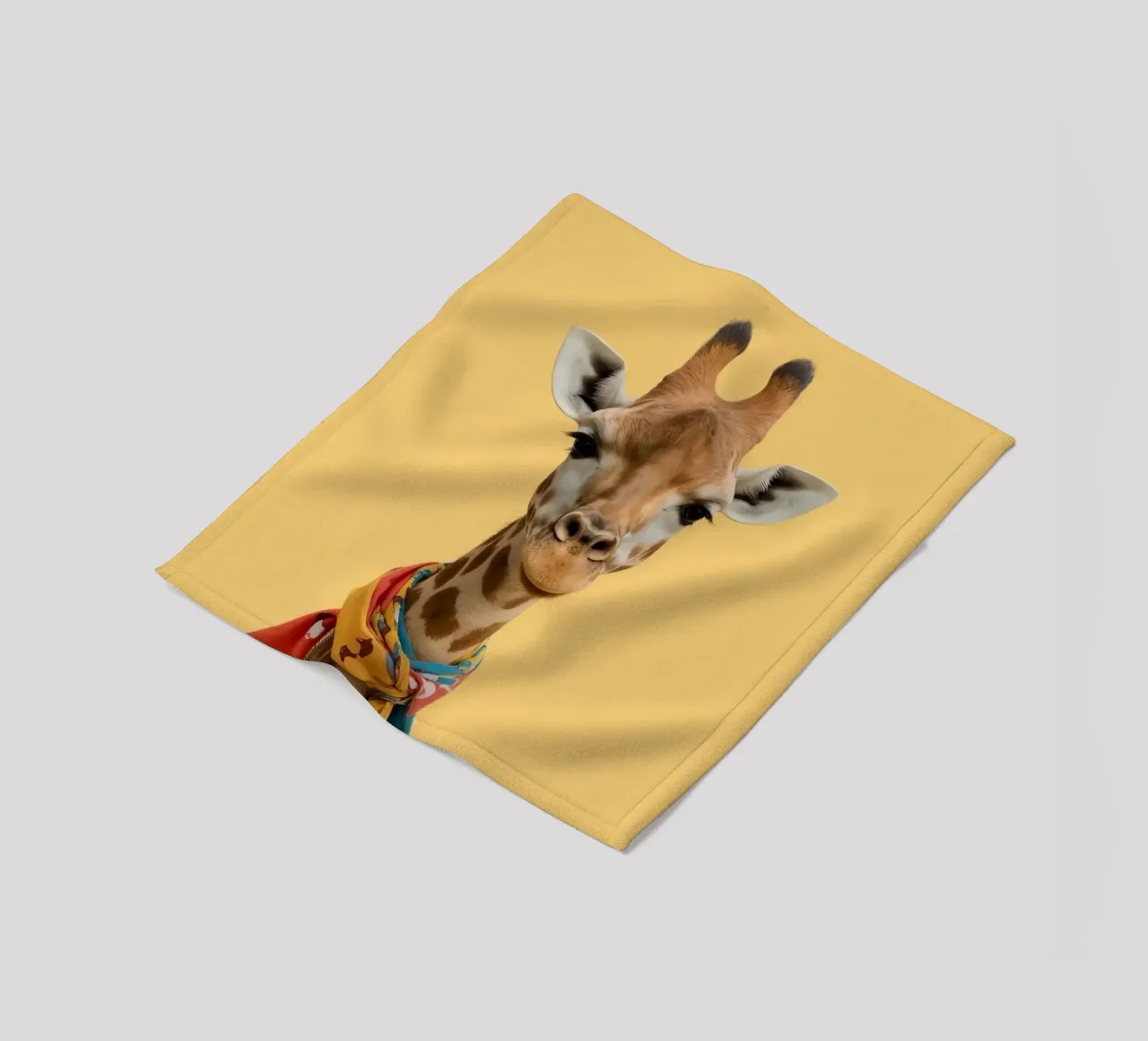Testa e collo di giraffa con sciarpa su sfondo giallo coperta in pile da DesignDoodle