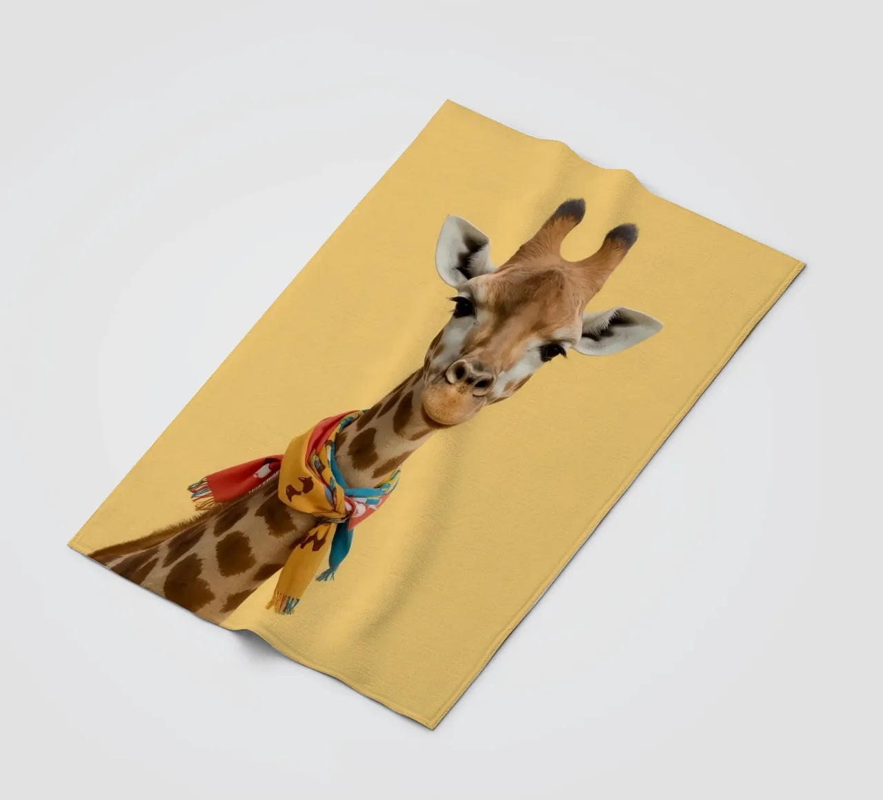 Testa e collo di giraffa con sciarpa su sfondo giallo coperta in pile da DesignDoodle