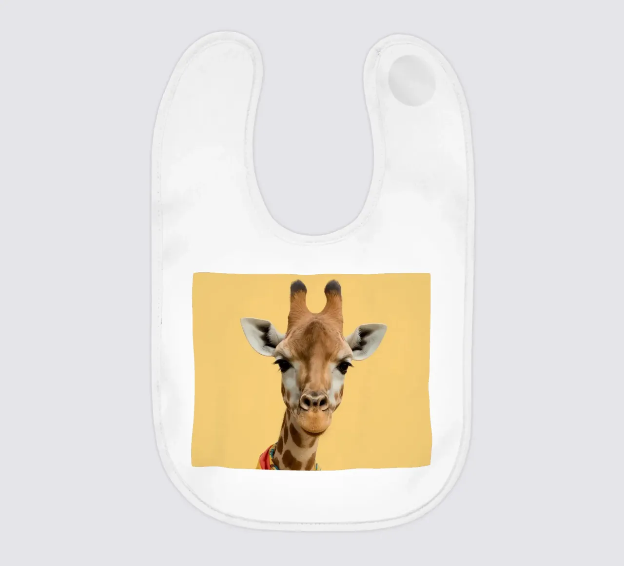 Testa e collo di giraffa con sciarpa su sfondo giallo bavaglino da DesignDoodle