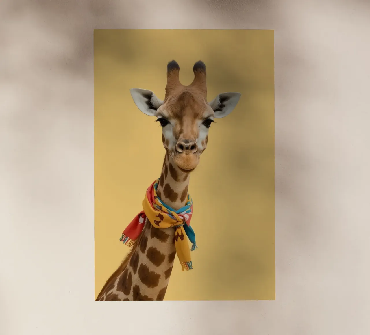 Testa e collo di giraffa con sciarpa su sfondo giallo pellicola backlit da DesignDoodle