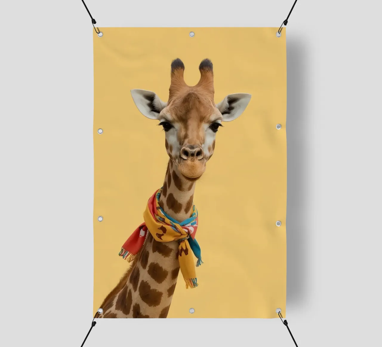Testa e collo di giraffa con sciarpa su sfondo giallo telo in pvc da DesignDoodle