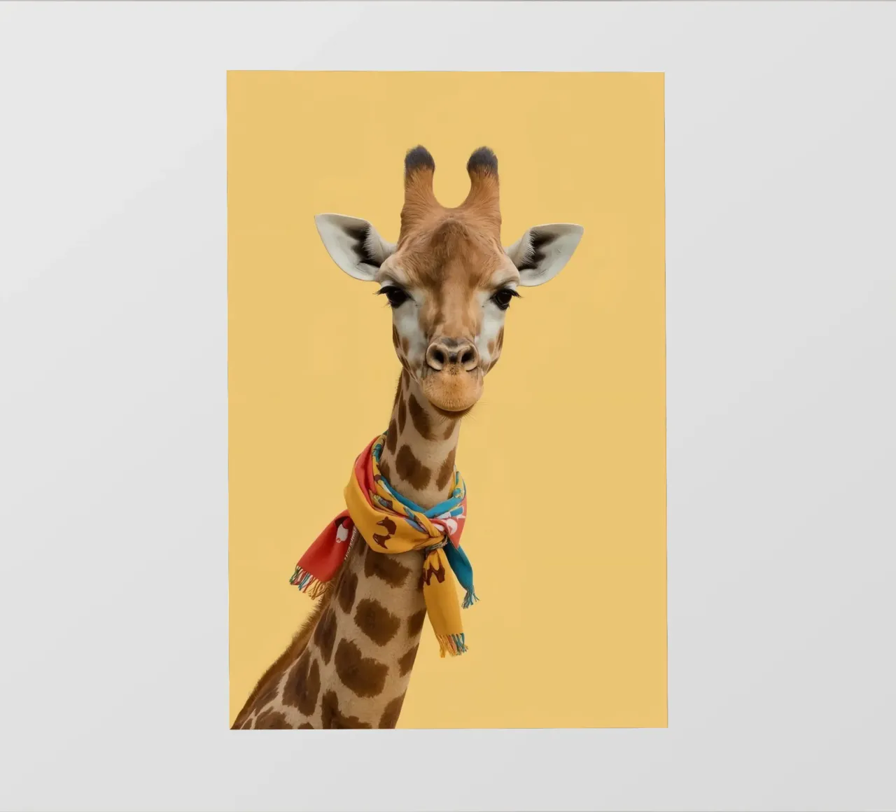 Testa e collo di giraffa con sciarpa su sfondo giallo telo in pvc da DesignDoodle