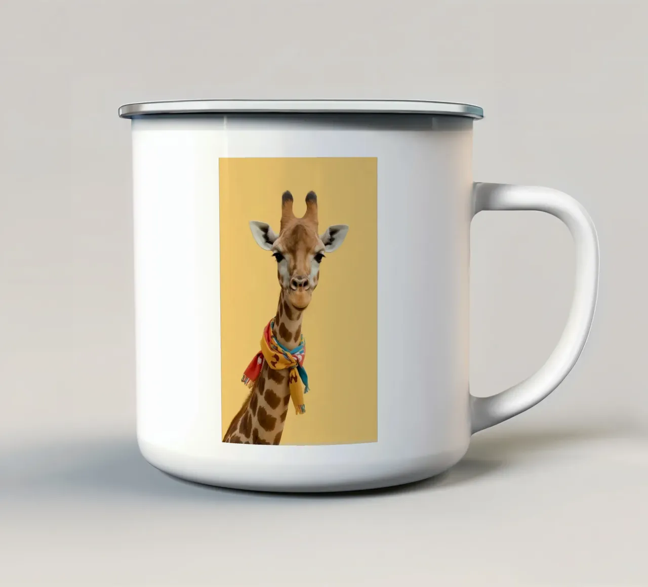 Testa e collo di giraffa con sciarpa su sfondo giallo tazza in smalto da DesignDoodle