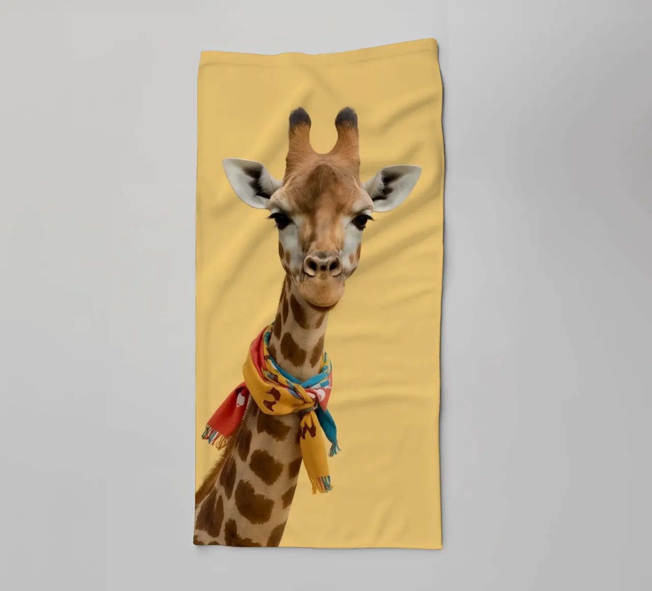 Testa e collo di giraffa con sciarpa su sfondo giallo asciugamano da bagno da DesignDoodle