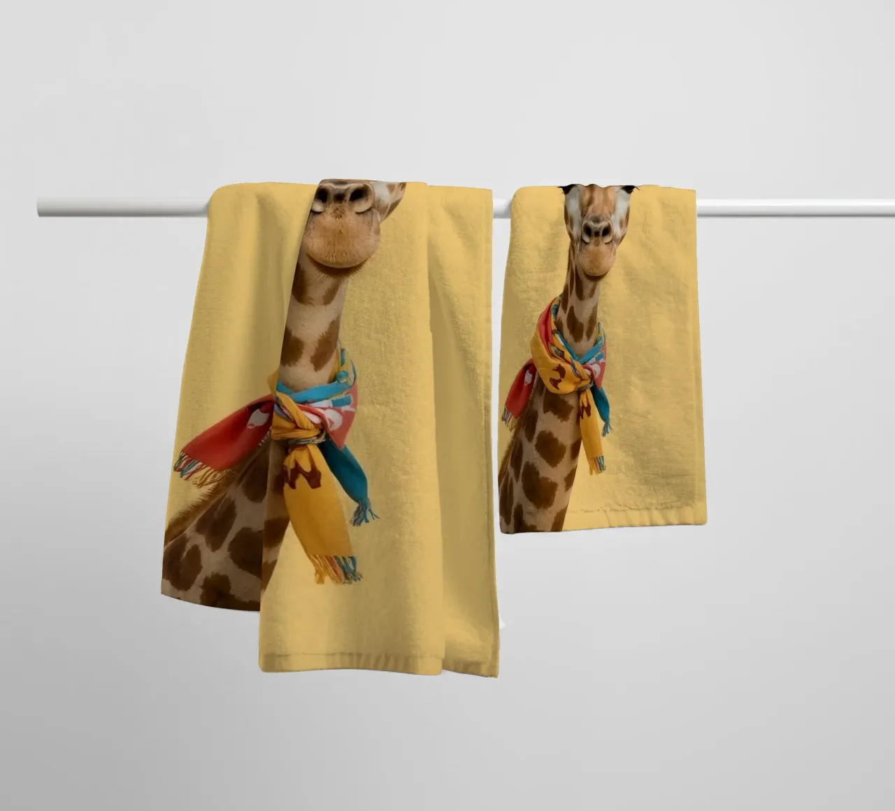 Testa e collo di giraffa con sciarpa su sfondo giallo asciugamano da bagno da DesignDoodle