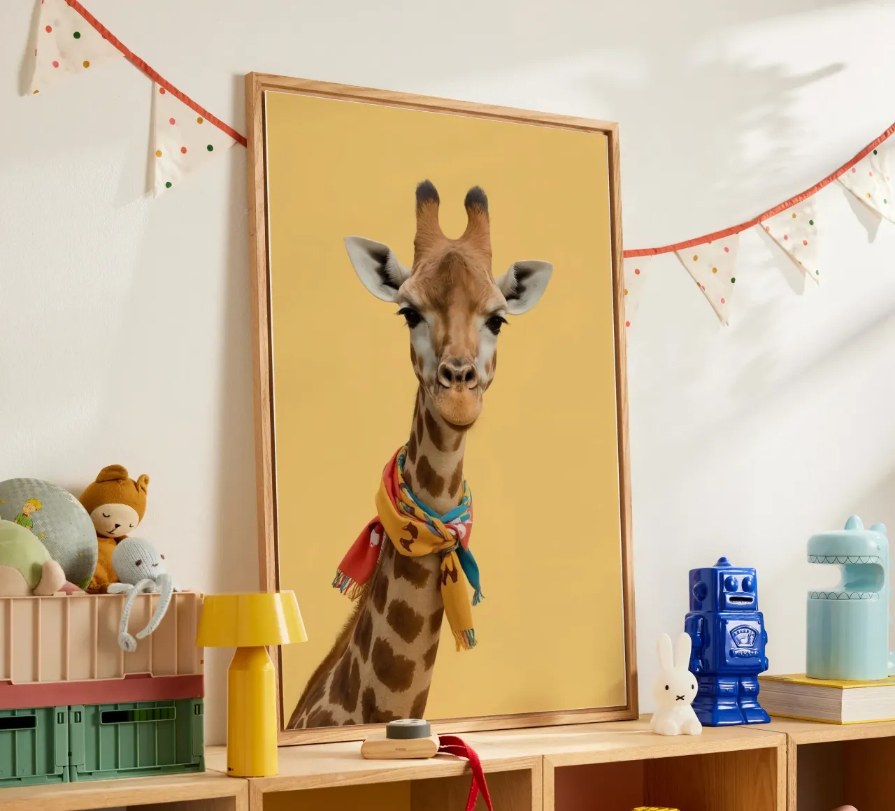 Testa e collo di giraffa con sciarpa su sfondo giallo plexiglass da DesignDoodle