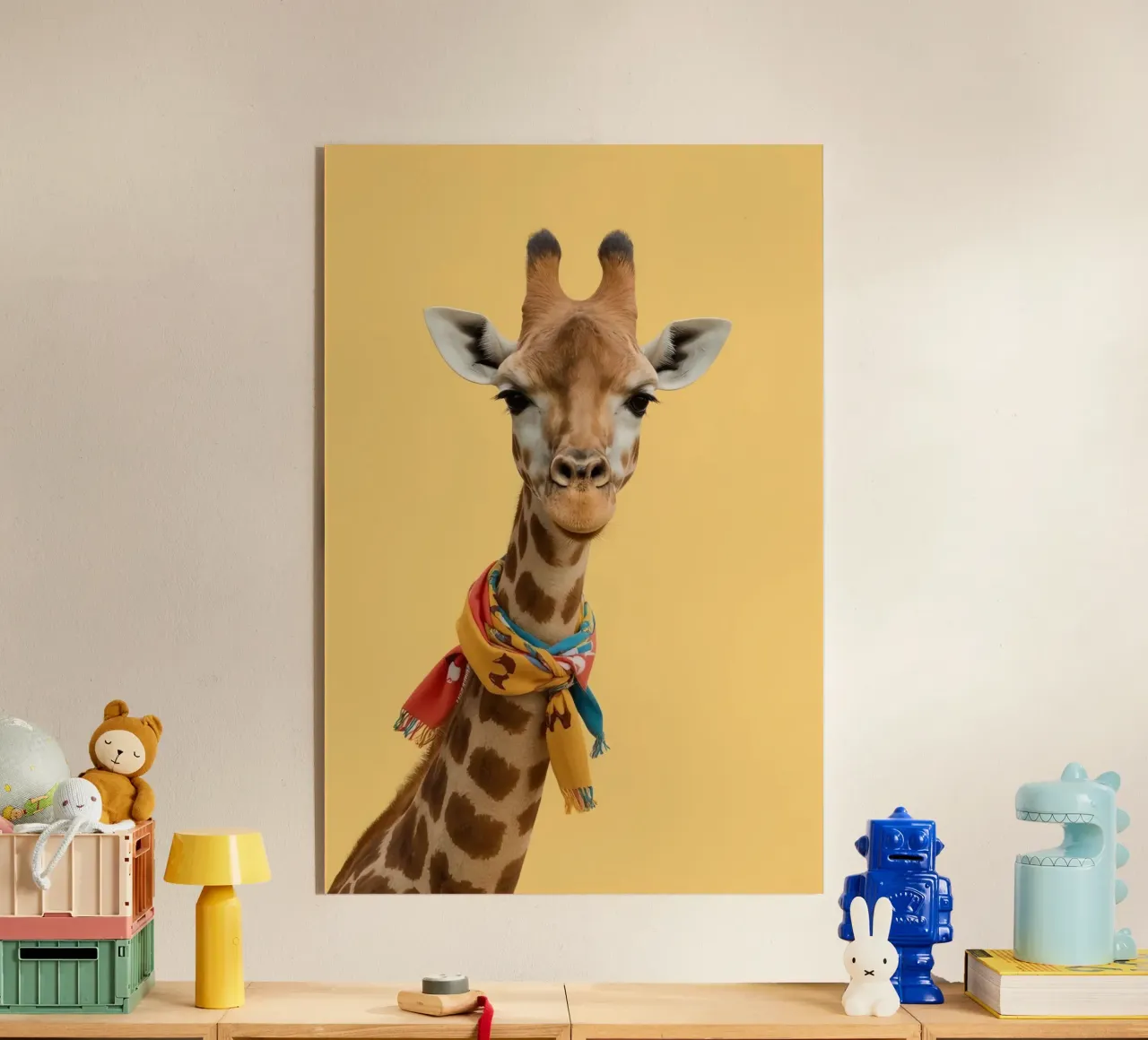Testa e collo di giraffa con sciarpa su sfondo giallo plexiglass da DesignDoodle