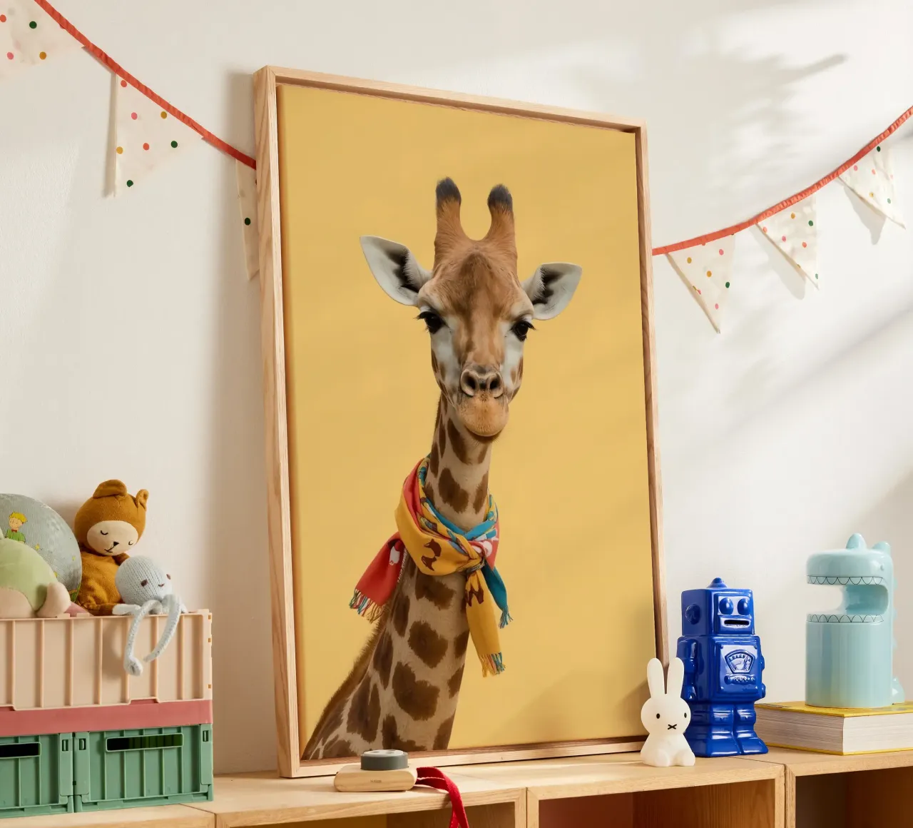 Testa e collo di giraffa con sciarpa su sfondo giallo tela con Cornice a cassetta da DesignDoodle