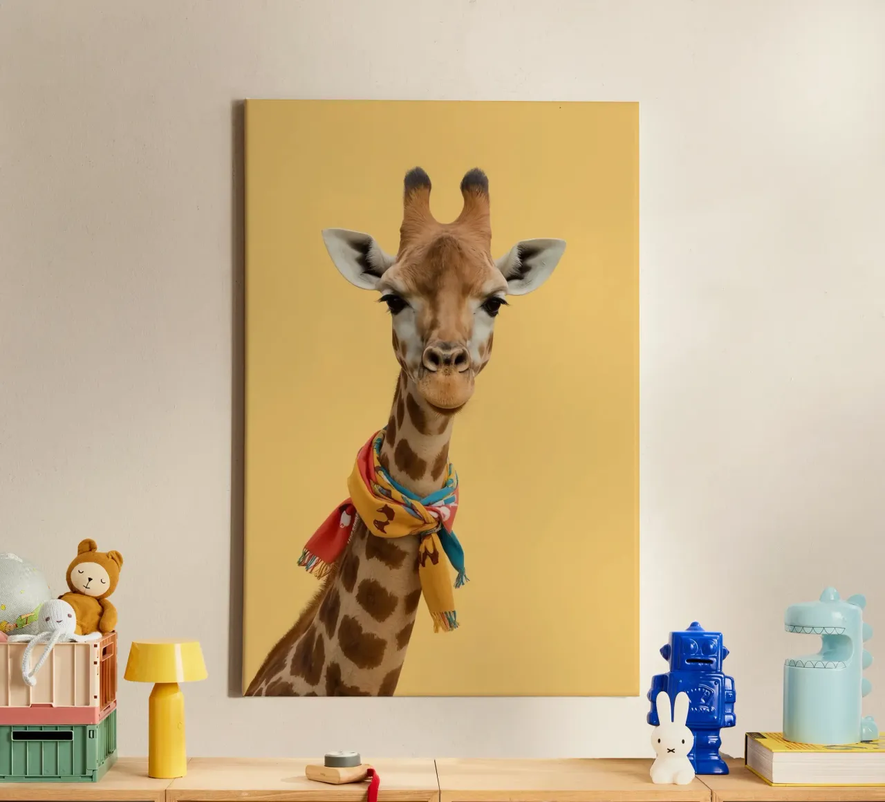 Testa e collo di giraffa con sciarpa su sfondo giallo tela con Cornice a cassetta da DesignDoodle