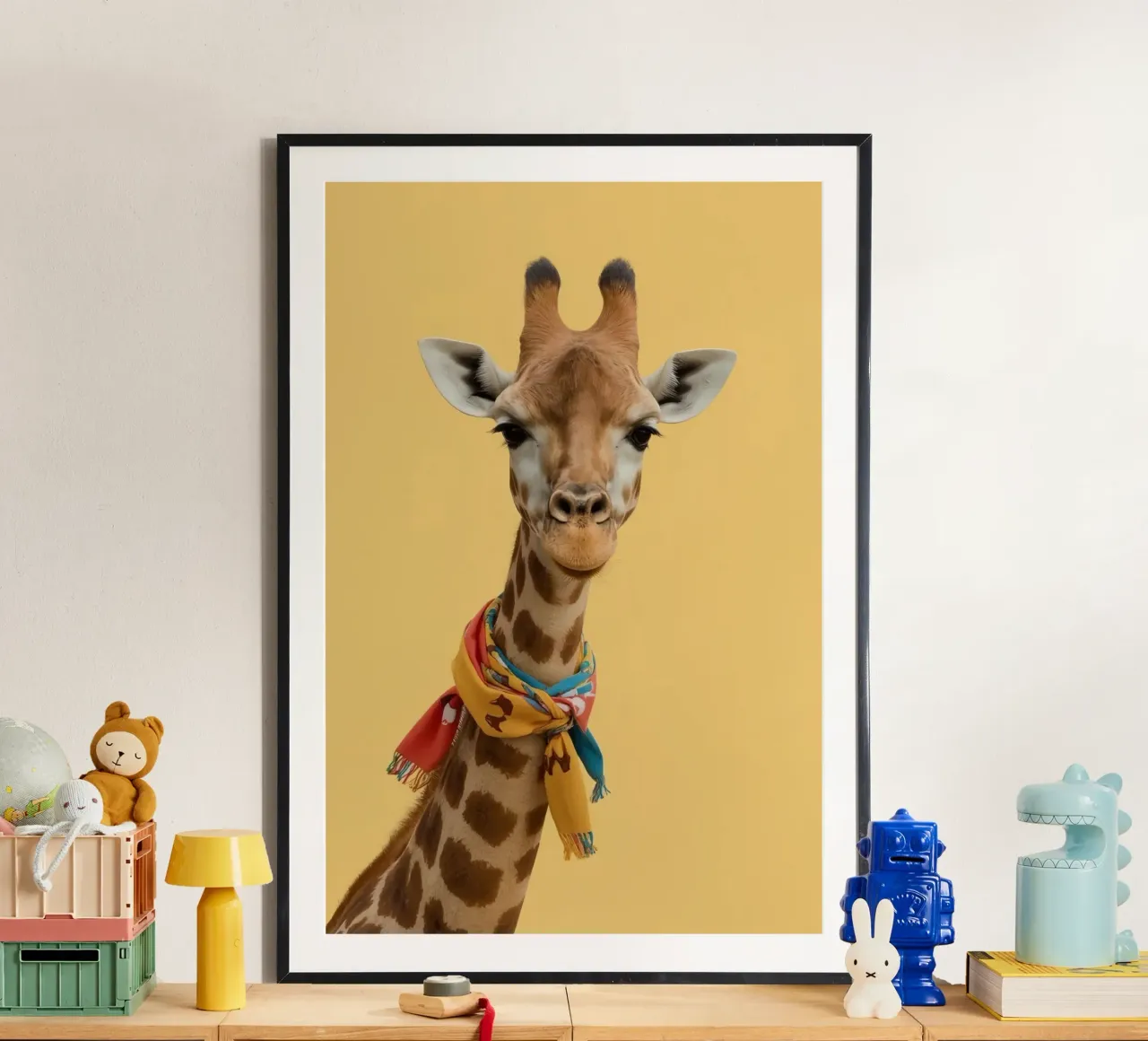 Testa e collo di giraffa con sciarpa su sfondo giallo poster da DesignDoodle