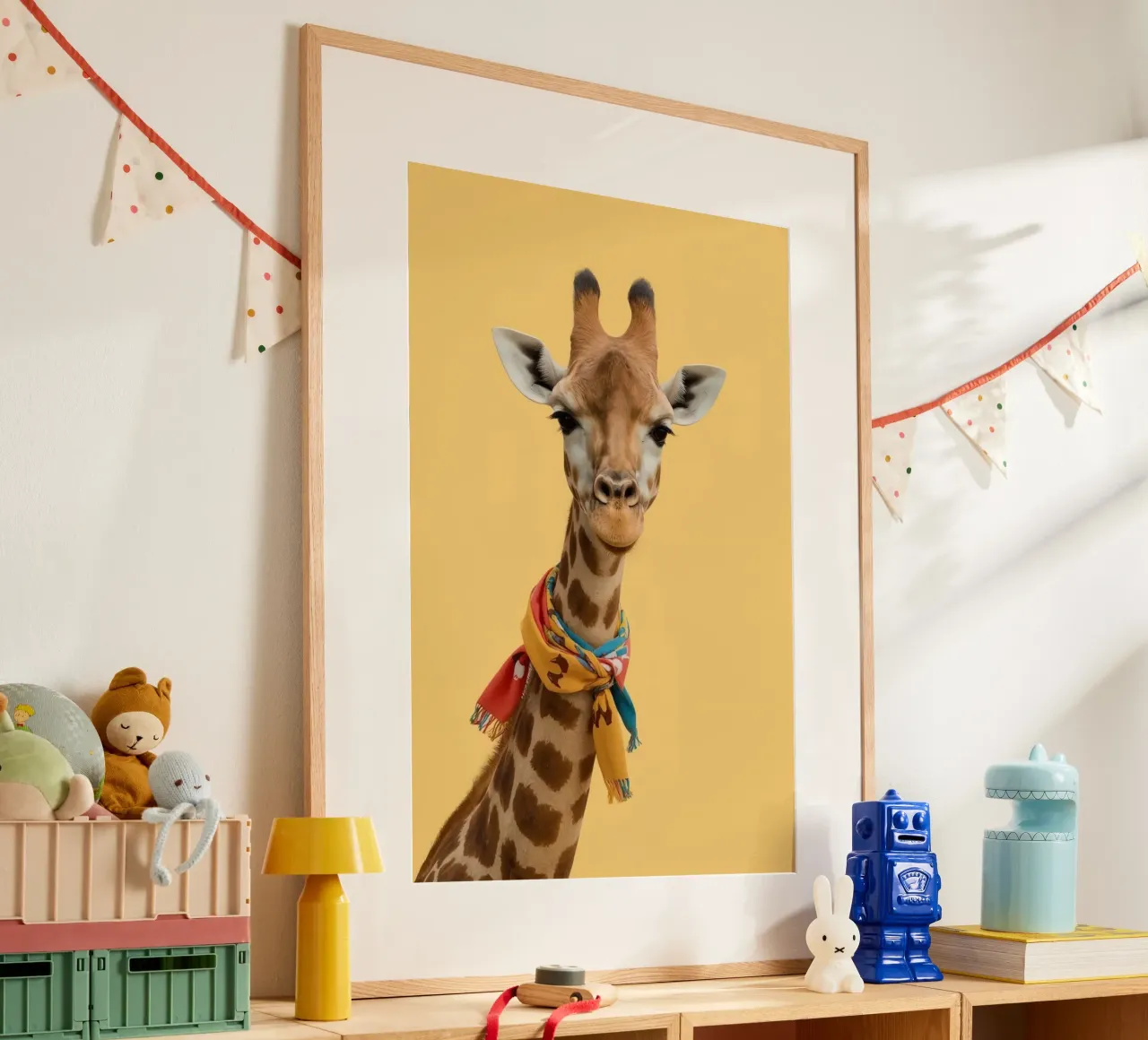Testa e collo di giraffa con sciarpa su sfondo giallo poster da DesignDoodle
