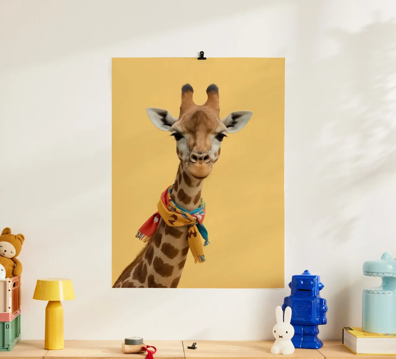 Testa e collo di giraffa con sciarpa su sfondo giallo poster da DesignDoodle