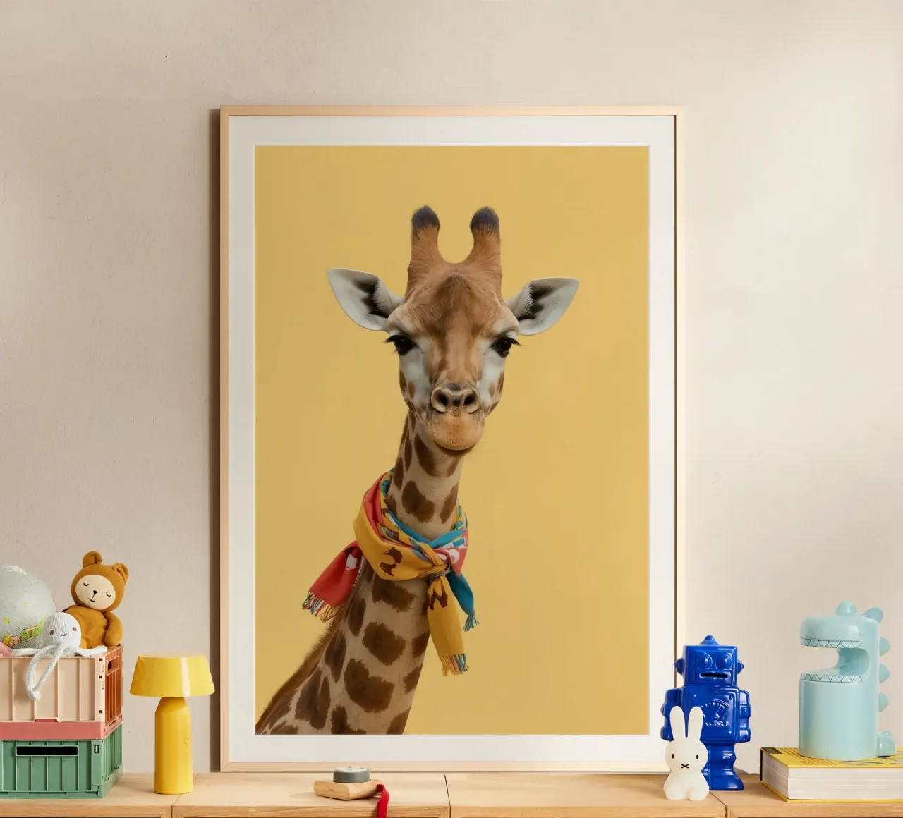 Testa e collo di giraffa con sciarpa su sfondo giallo poster da DesignDoodle