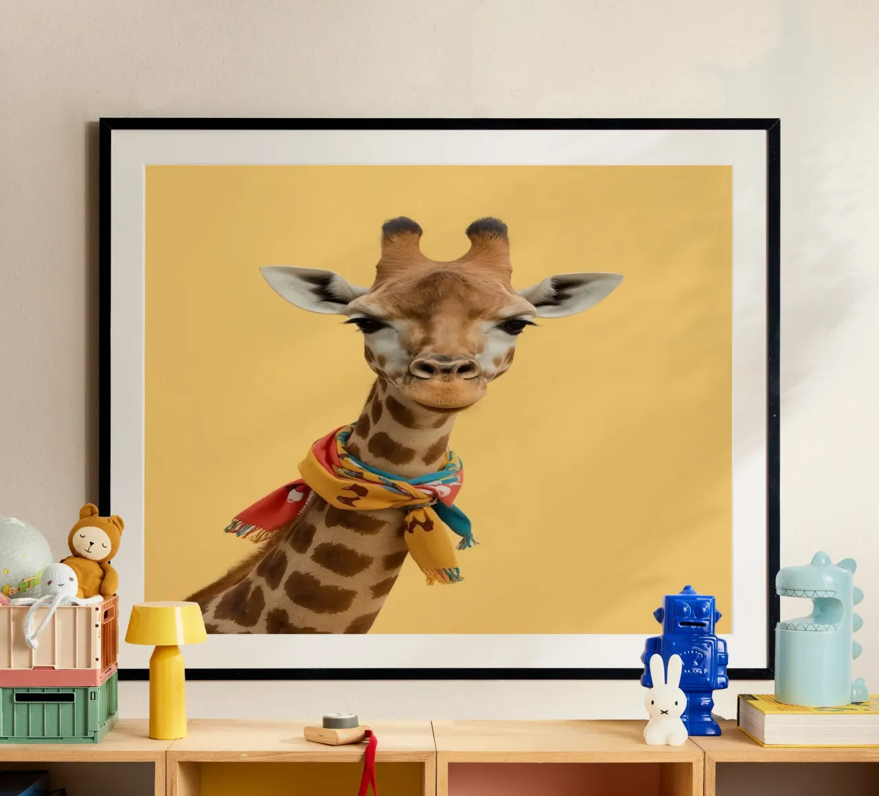 Testa e collo di giraffa con sciarpa su sfondo giallo poster da DesignDoodle