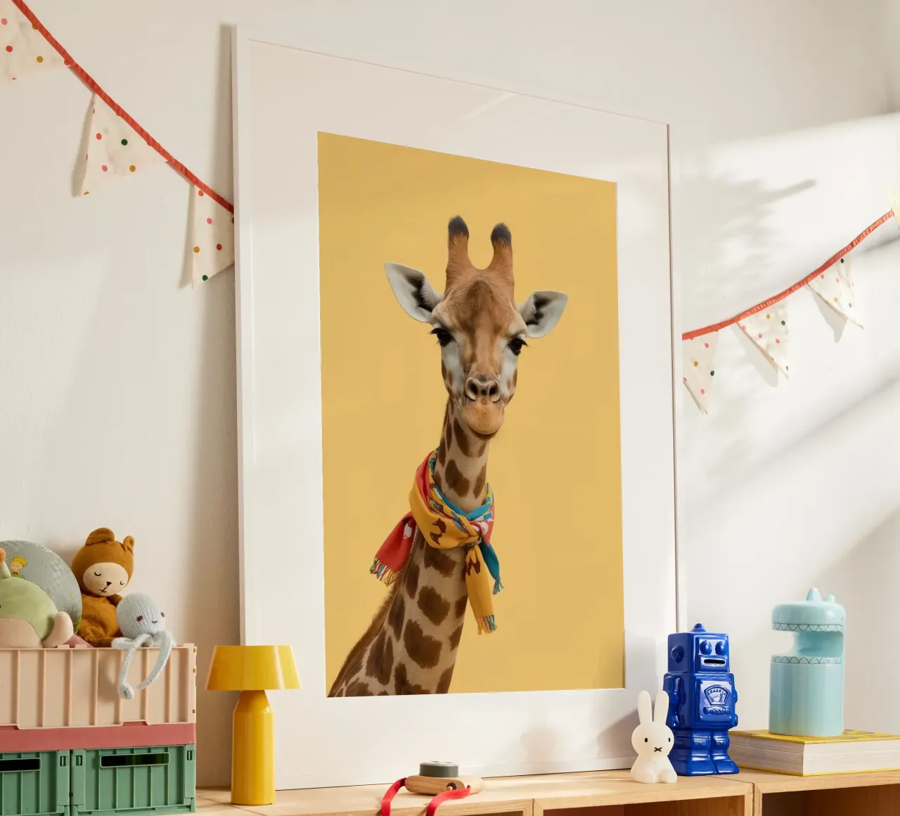 Testa e collo di giraffa con sciarpa su sfondo giallo poster da DesignDoodle