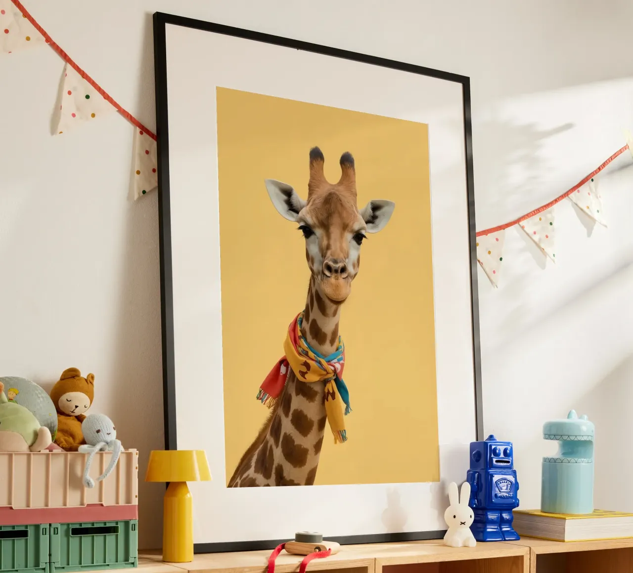 Testa e collo di giraffa con sciarpa su sfondo giallo poster da DesignDoodle