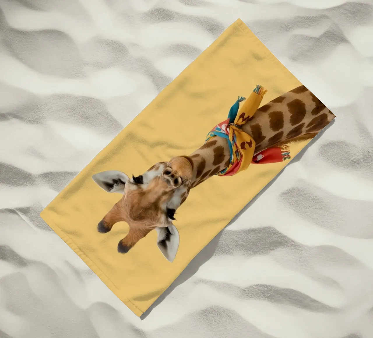 Testa e collo di giraffa con sciarpa su sfondo giallo telo mare da DesignDoodle