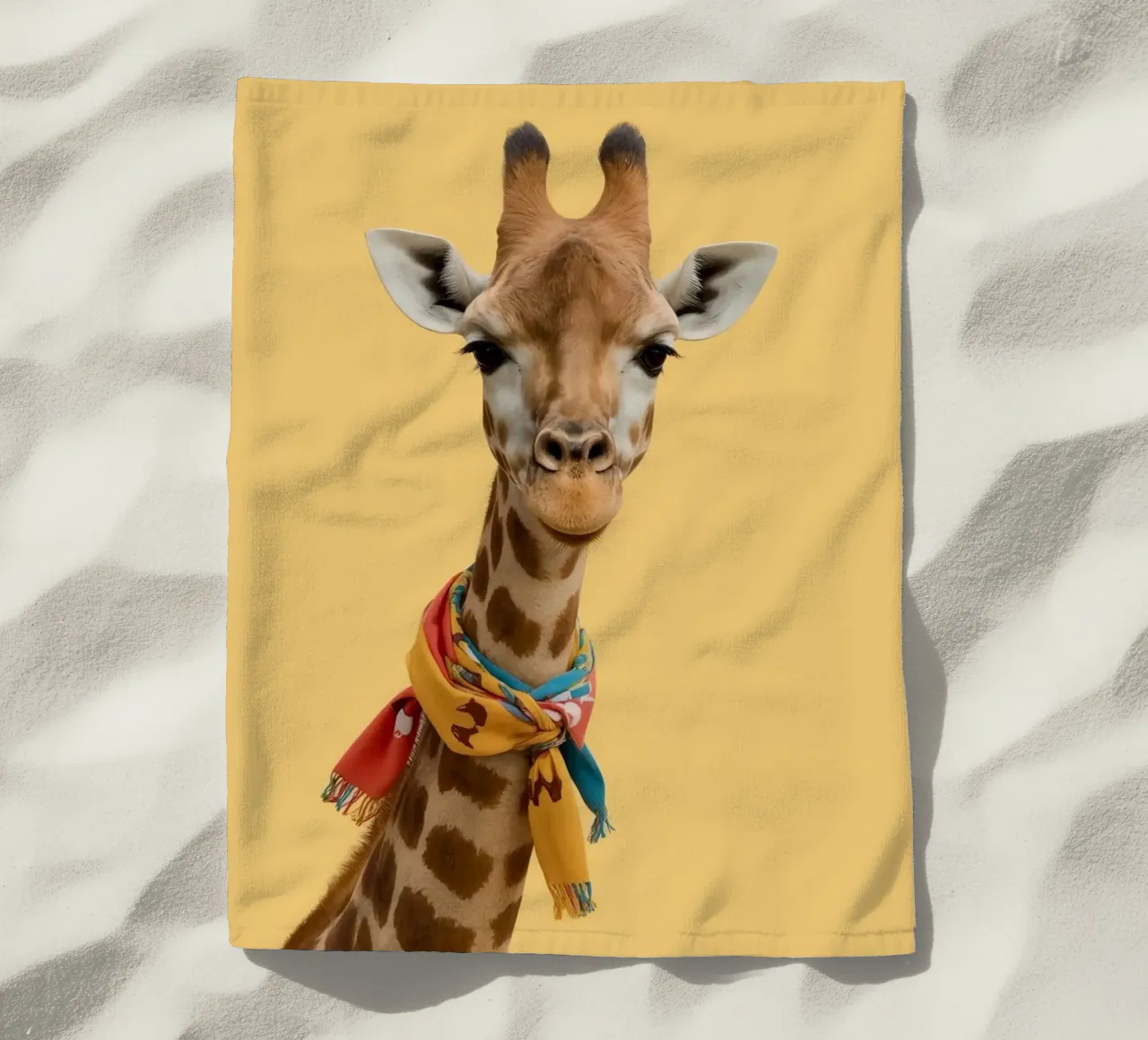 Testa e collo di giraffa con sciarpa su sfondo giallo telo mare da DesignDoodle