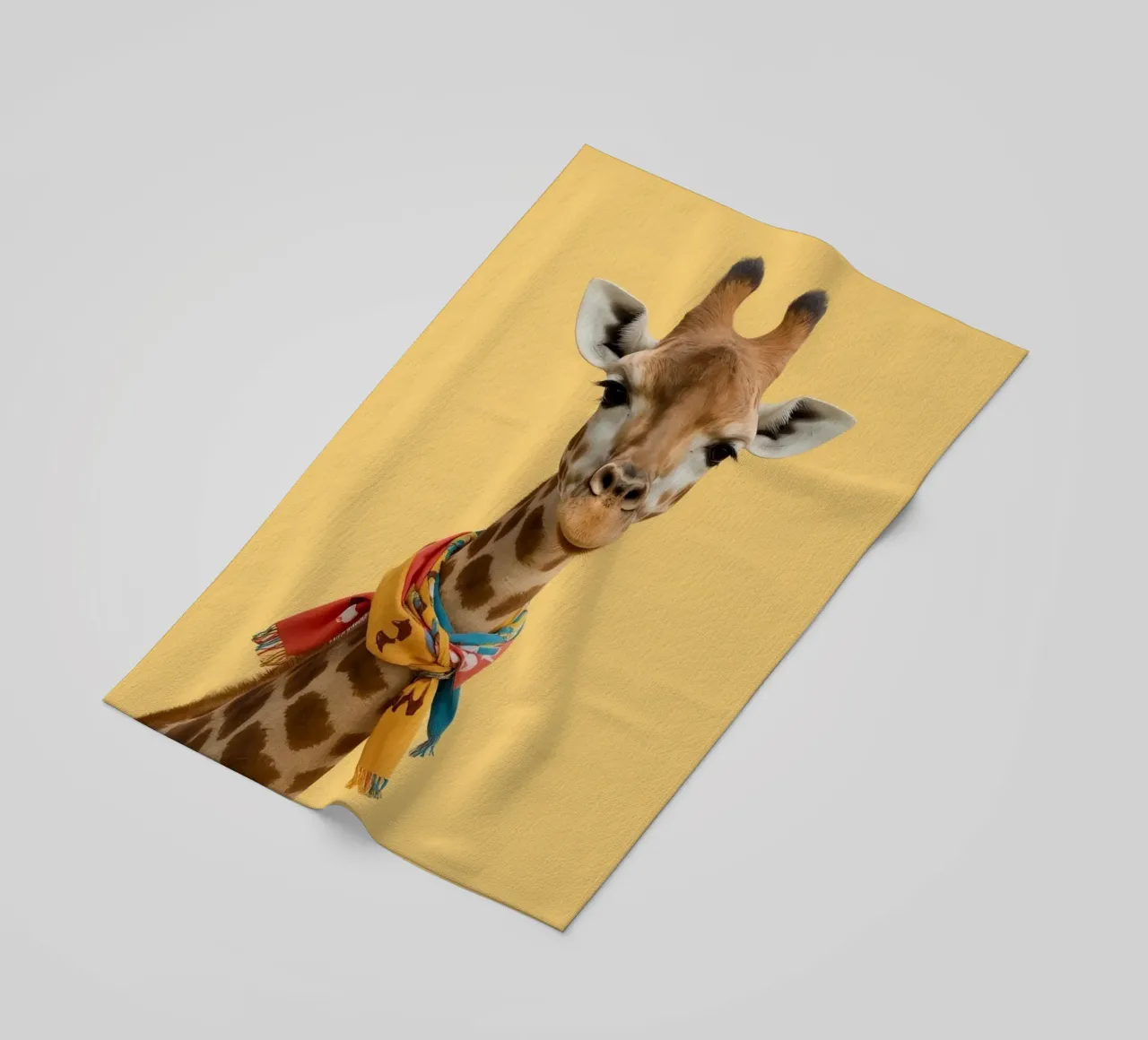 Testa e collo di giraffa con sciarpa su sfondo giallo telo mare da DesignDoodle