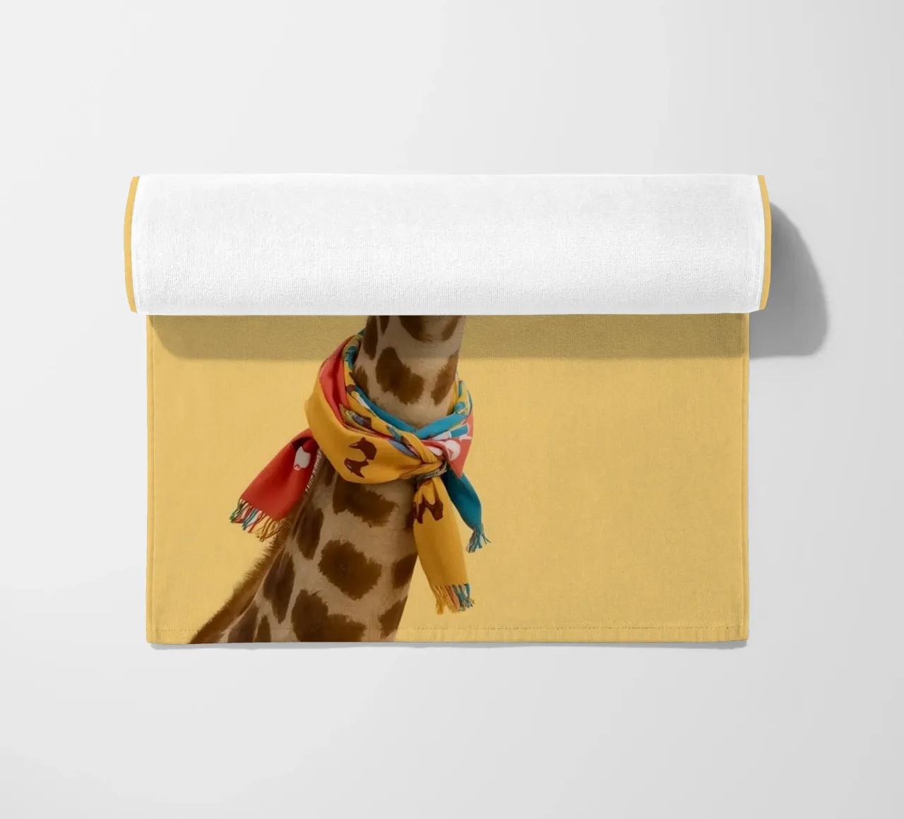 Testa e collo di giraffa con sciarpa su sfondo giallo telo mare da DesignDoodle