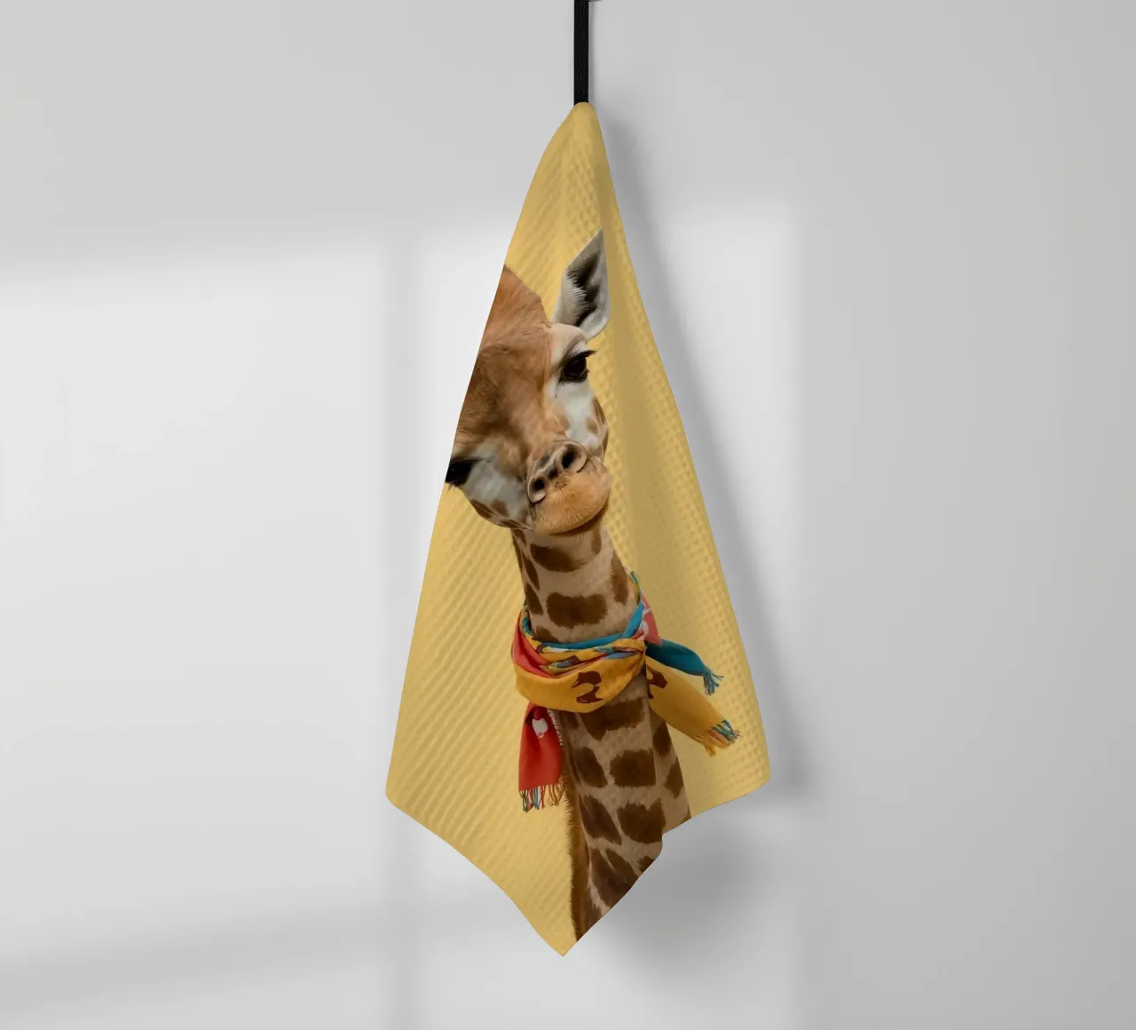Testa e collo di giraffa con sciarpa su sfondo giallo canovaccio da cucina da DesignDoodle
