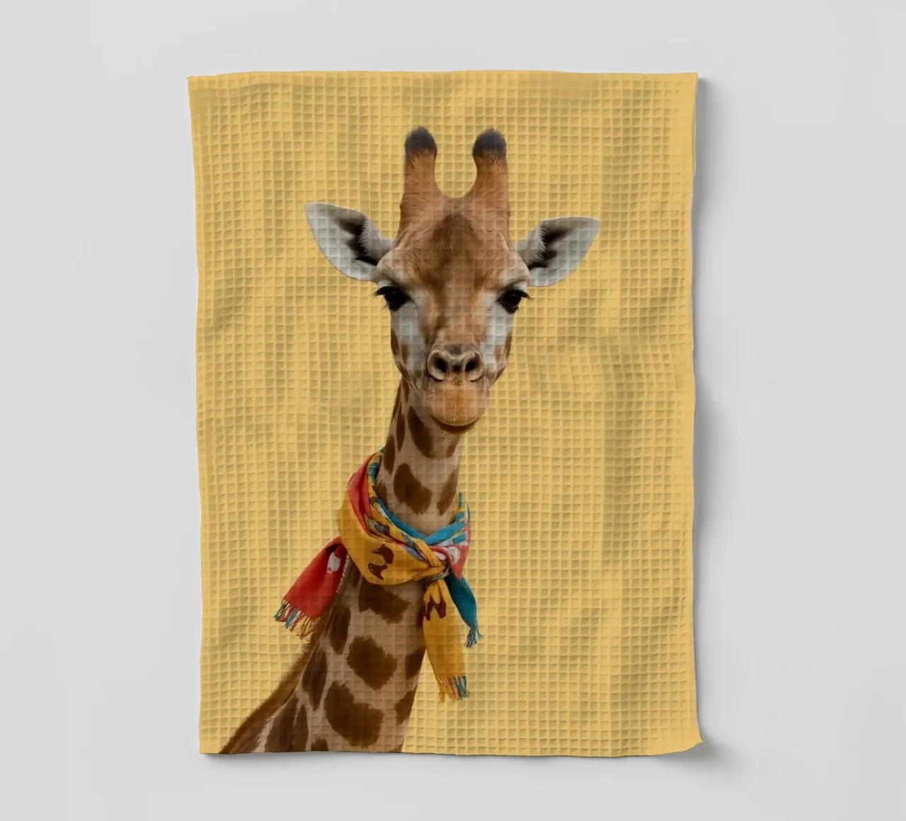 Testa e collo di giraffa con sciarpa su sfondo giallo canovaccio da cucina da DesignDoodle