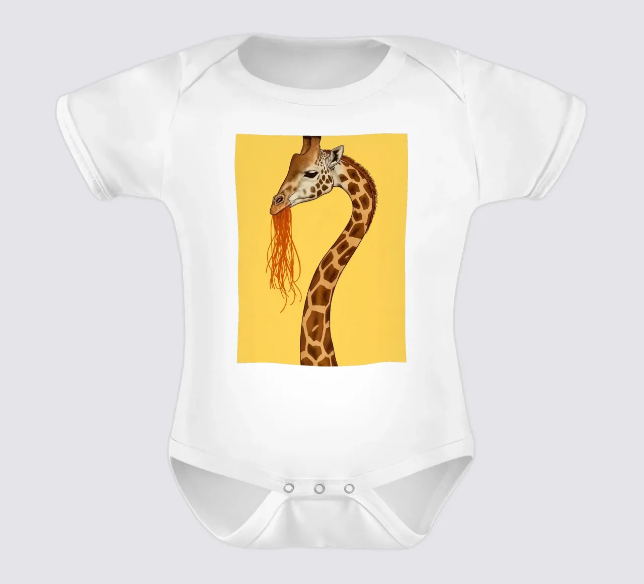 Girafe mangeant des spaghettis sur fond jaune body bébé de DesignDoodle
