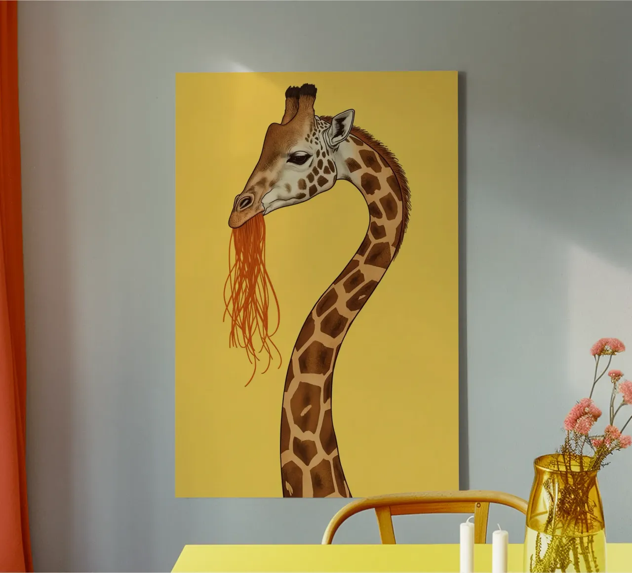Giraffe eet spaghetti op gele achtergrond canvas met Baklijst van DesignDoodle