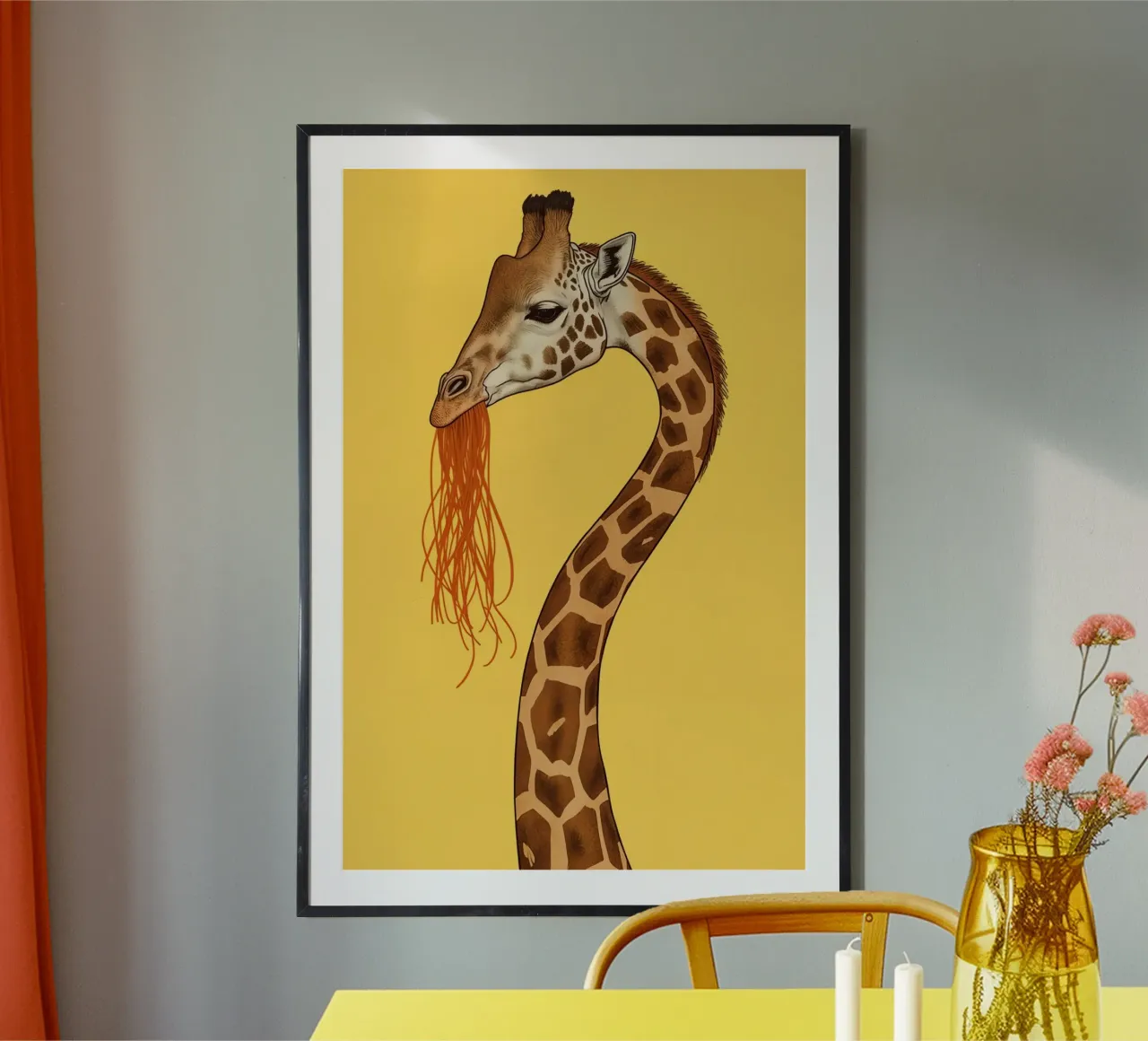 Jirafa comiendo espaguetis sobre fondo amarillo poster de DesignDoodle