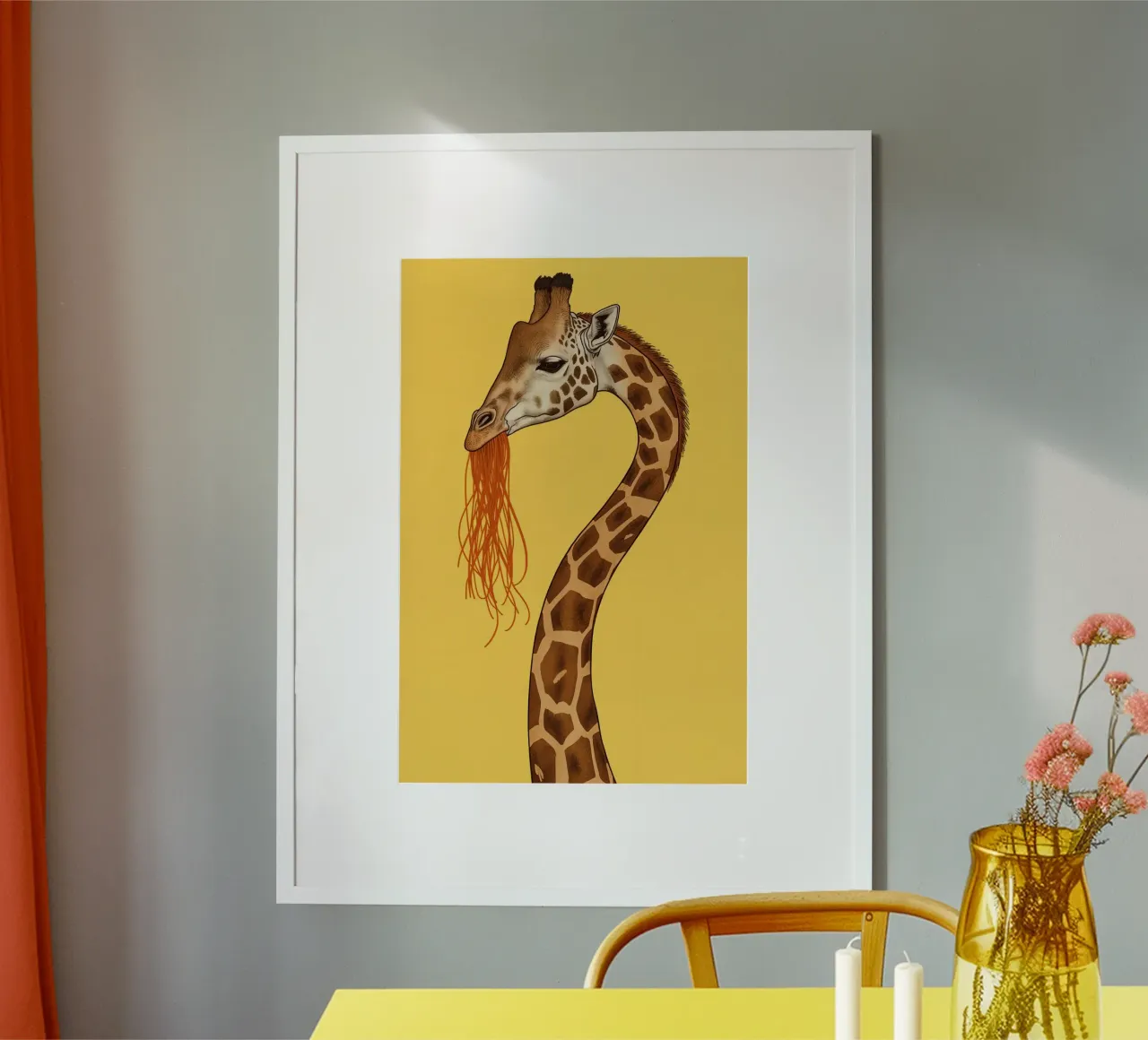 Jirafa comiendo espaguetis sobre fondo amarillo poster de DesignDoodle