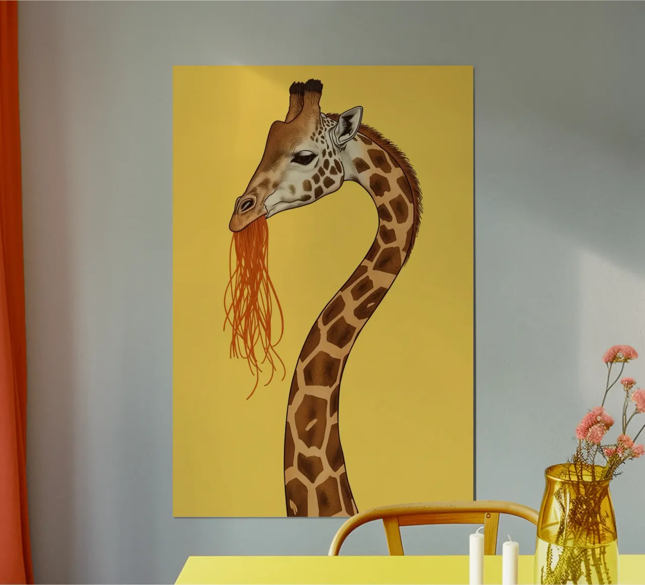 Jirafa comiendo espaguetis sobre fondo amarillo poster de DesignDoodle