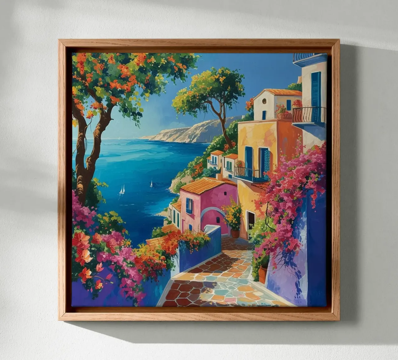 Kleurrijke stad met uitzicht op zee canvas met Baklijst van Yaso Design & Art