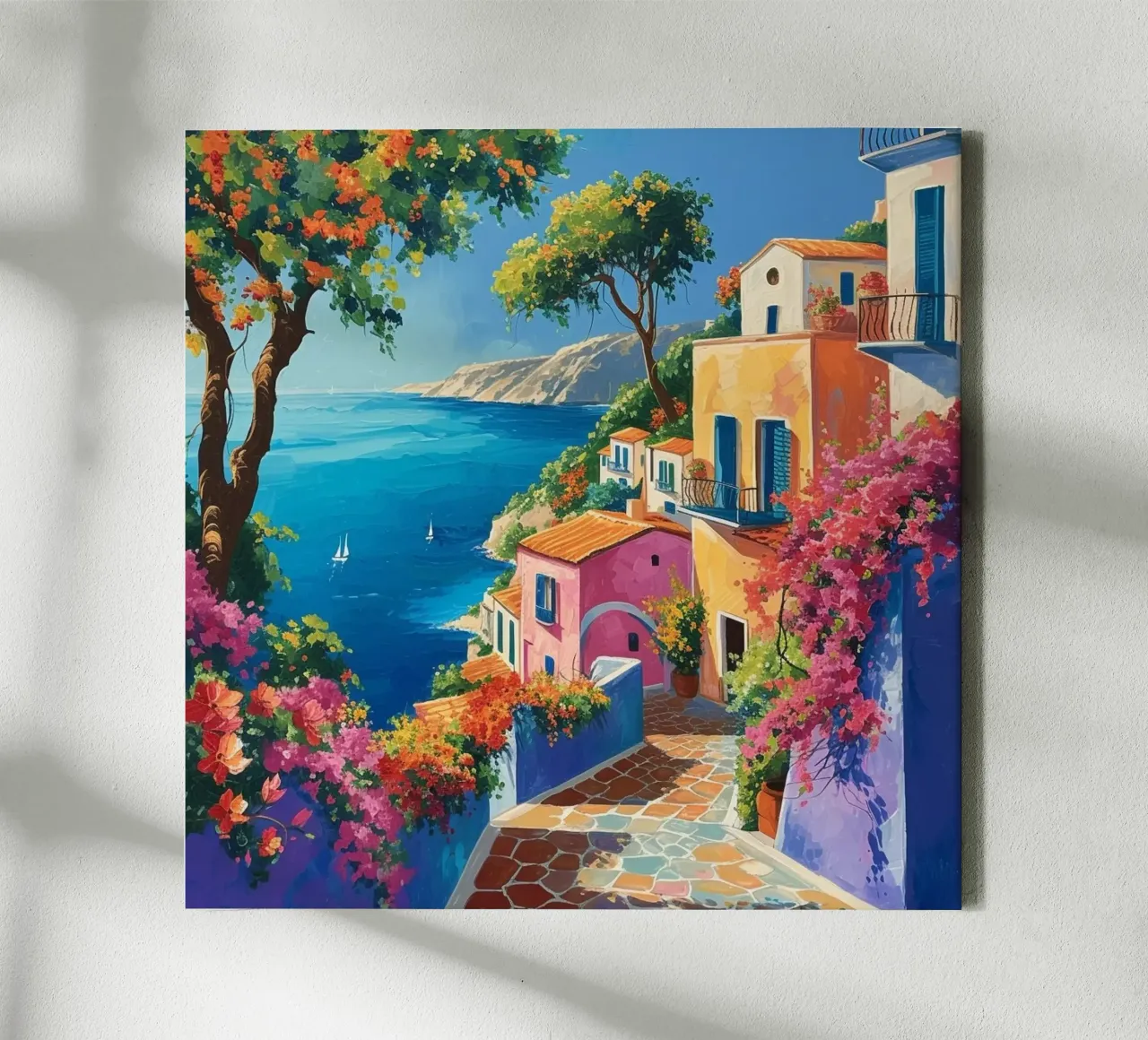 Kleurrijke stad met uitzicht op zee canvas met Baklijst van Yaso Design & Art