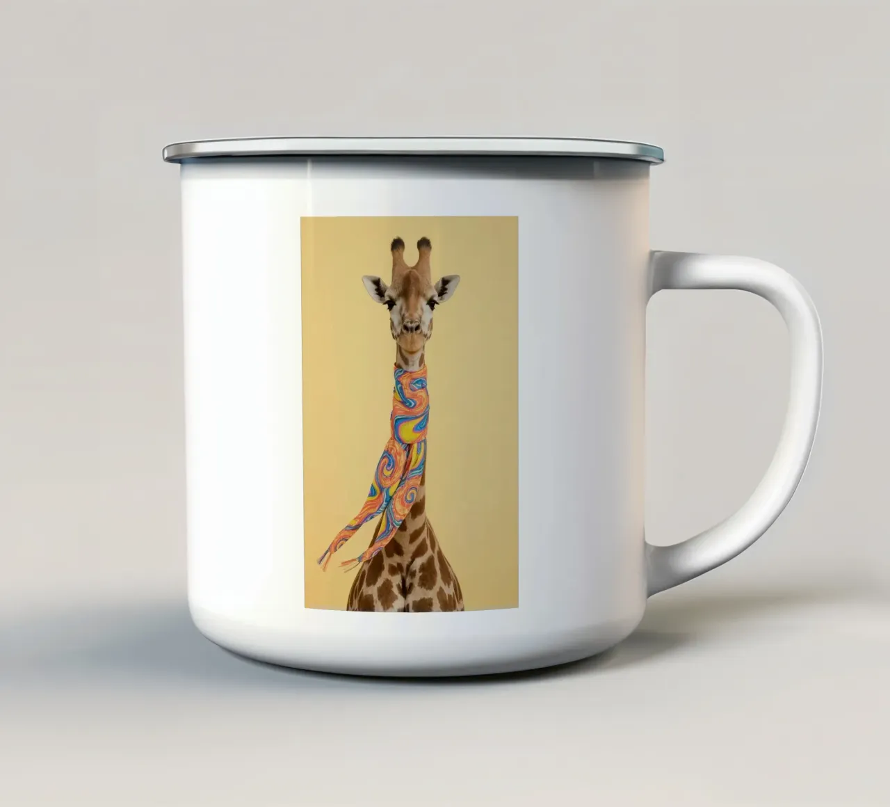 Giraffa con sciarpa a fantasia tazza in smalto da DesignDoodle