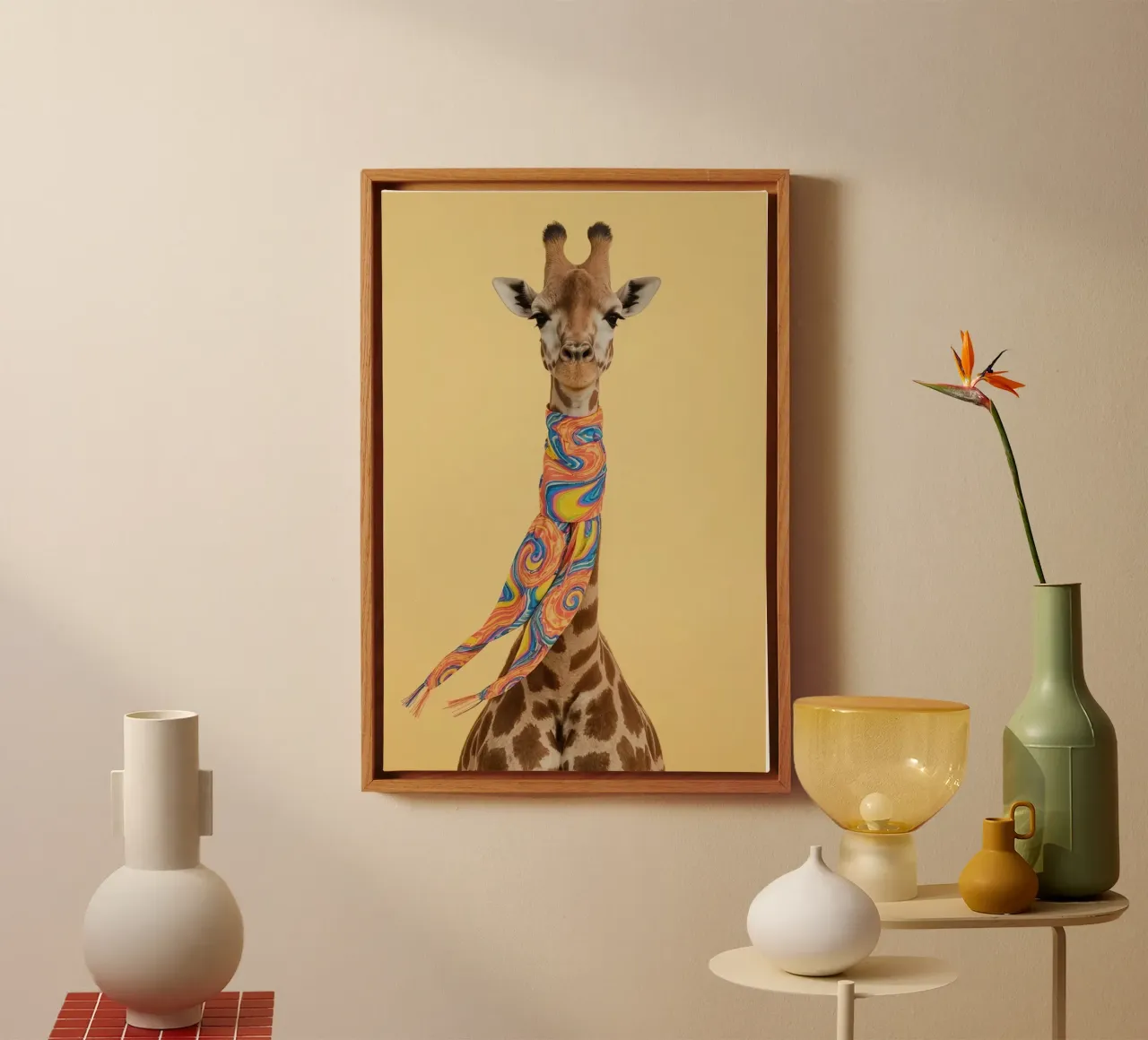 Jirafa con bufanda estampada lienzo con Marco flotante de DesignDoodle