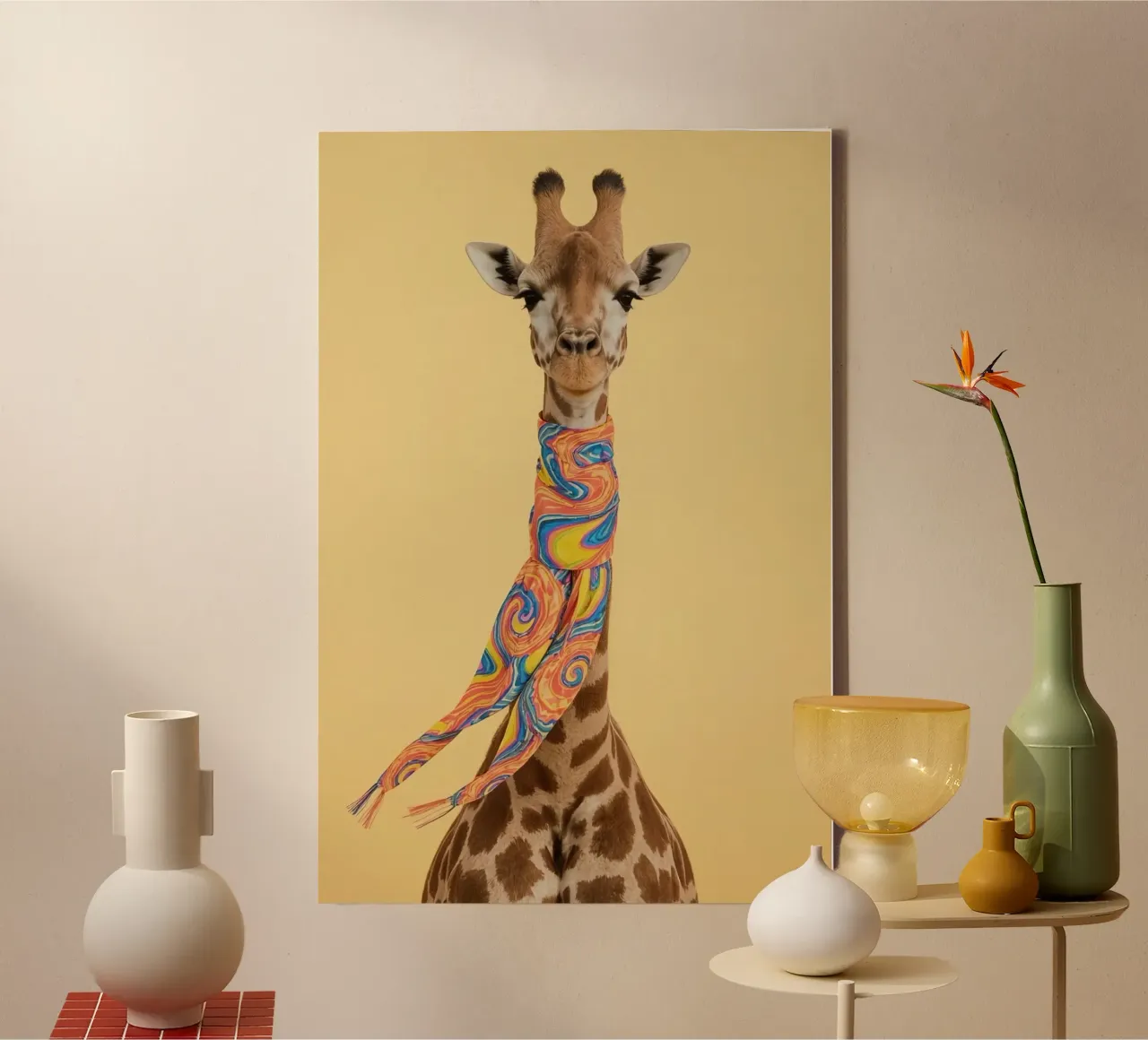 Jirafa con bufanda estampada lienzo con Marco flotante de DesignDoodle
