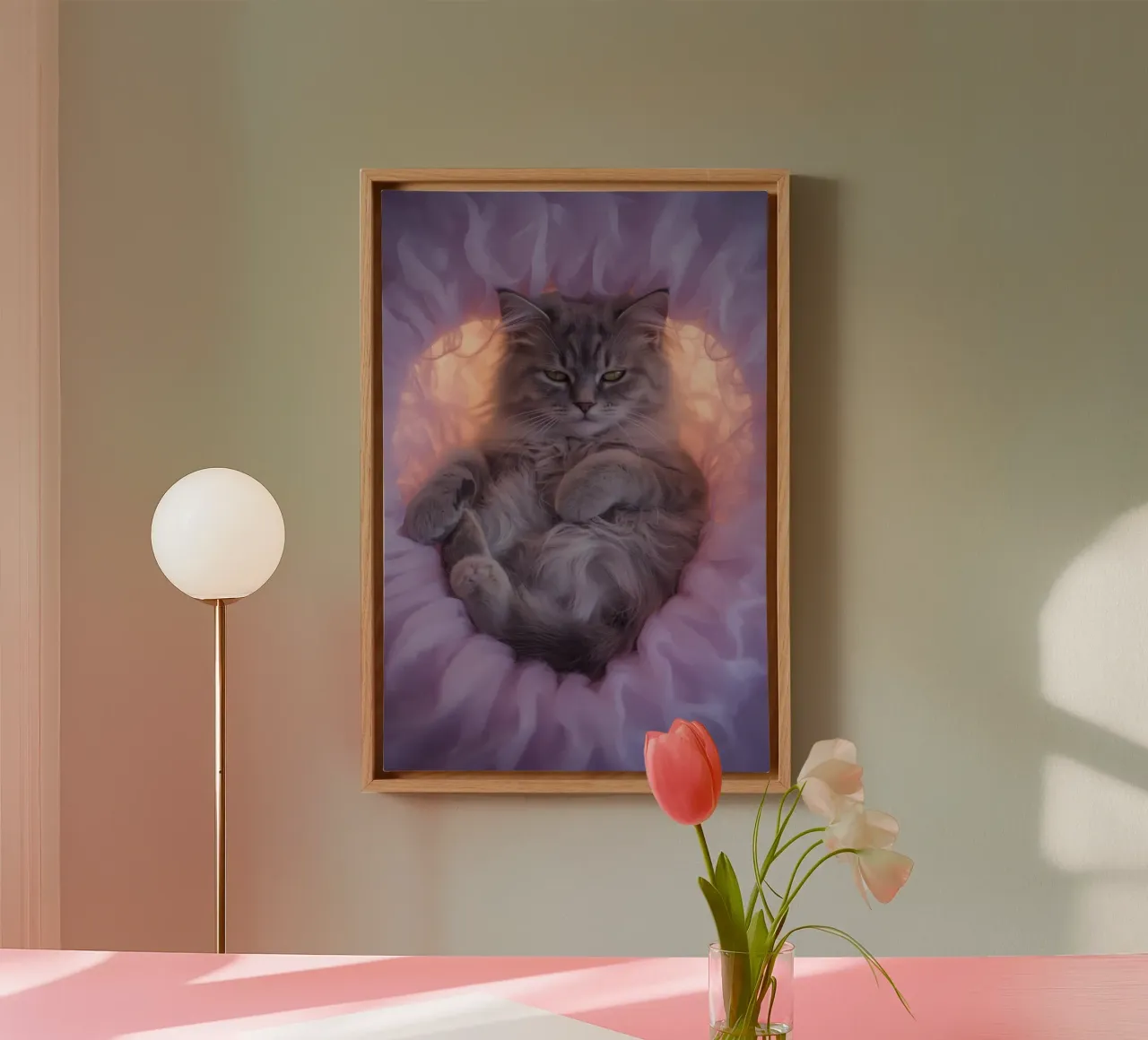 Gray Tabby Cat in Pink Fabric Nest canvas with Floater frame by DesignDoodle
