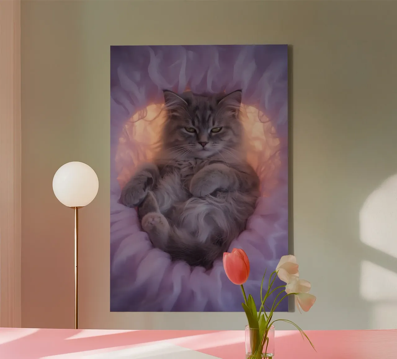 Gray Tabby Cat in Pink Fabric Nest canvas with Floater frame by DesignDoodle